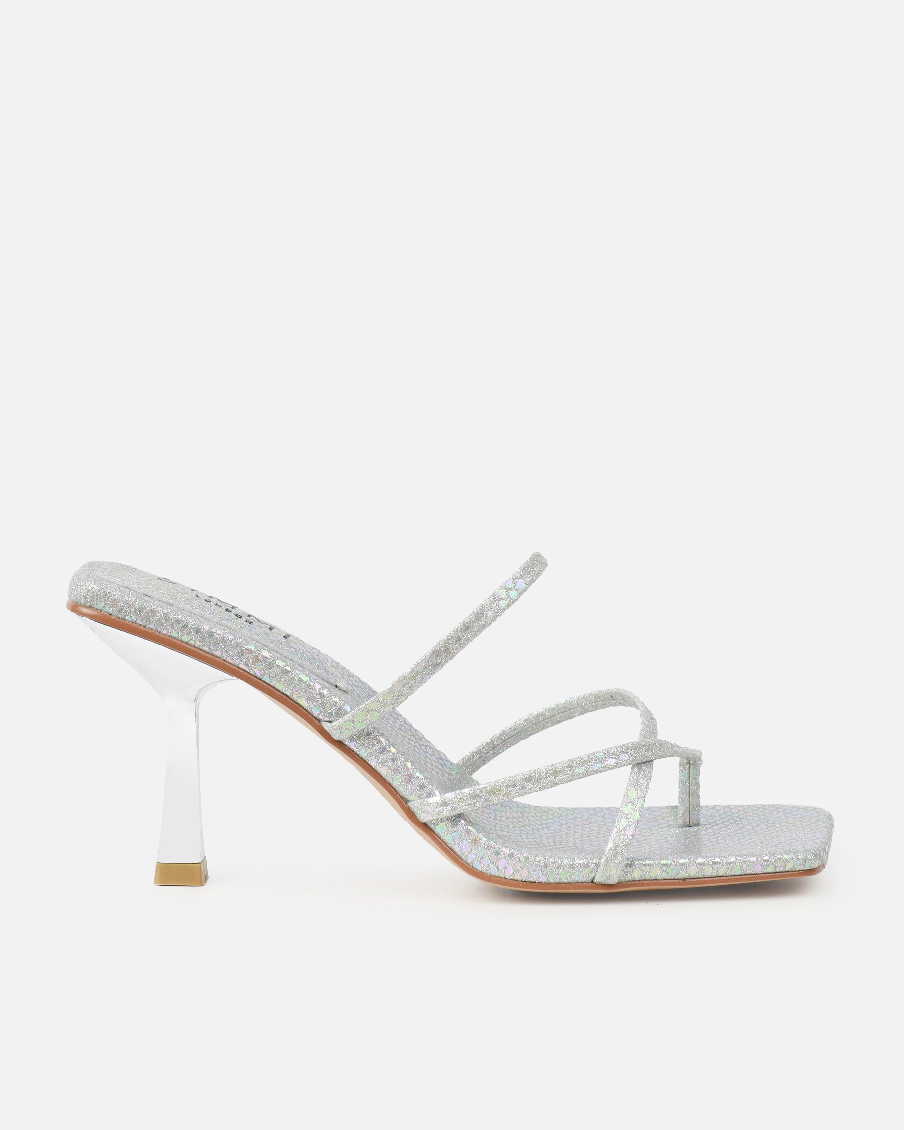 Apollo Silver Shimmer Faux Snake Strappy Mid Heel Mules
