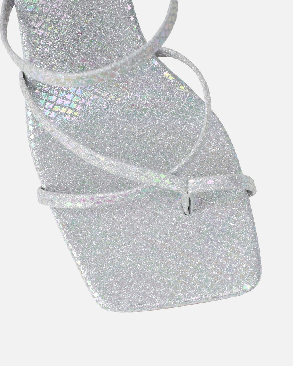 Apollo Silver Shimmer Faux Snake Strappy Mid Heel Mules