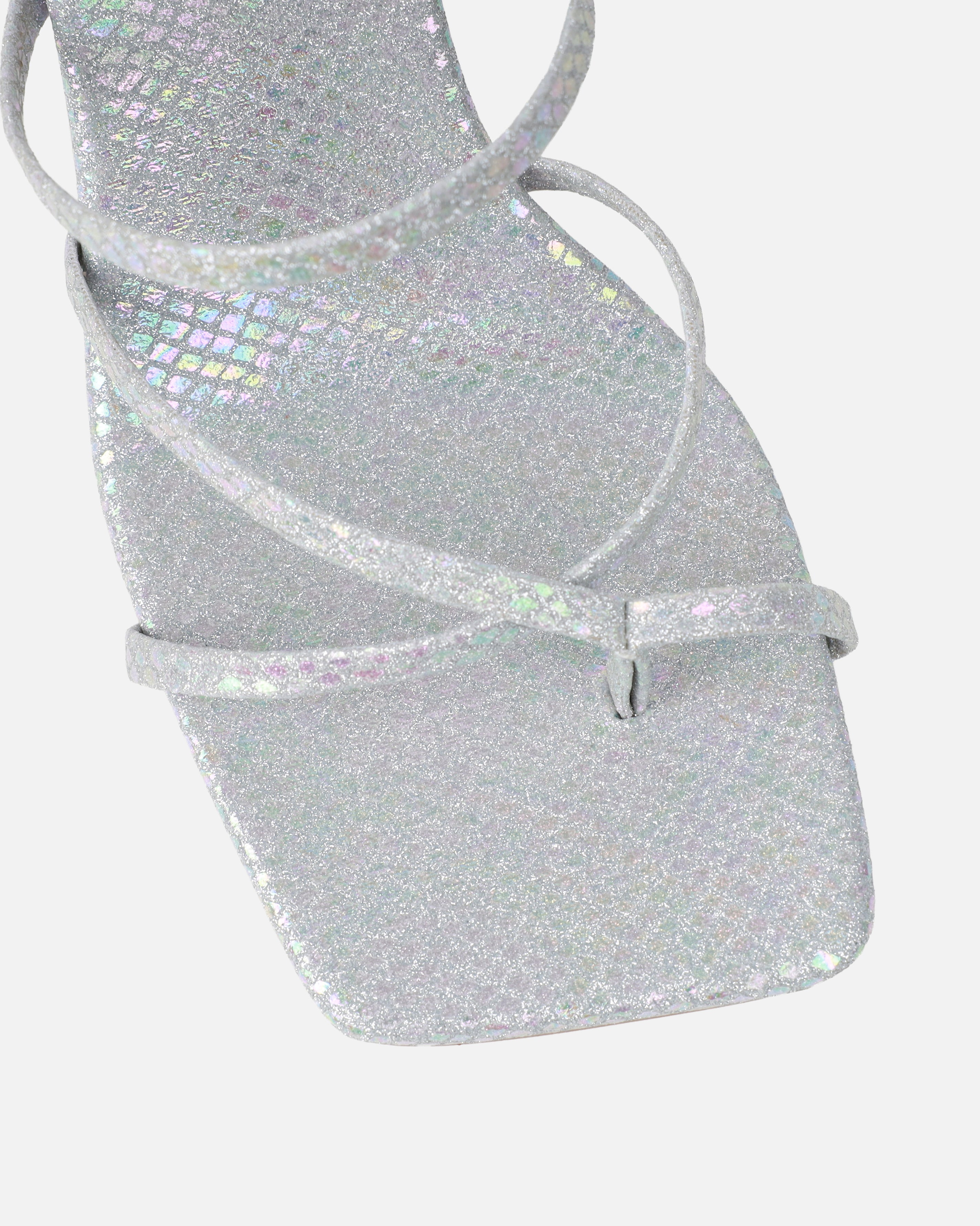 Apollo Silver Shimmer Faux Snake Strappy Mid Heel Mules