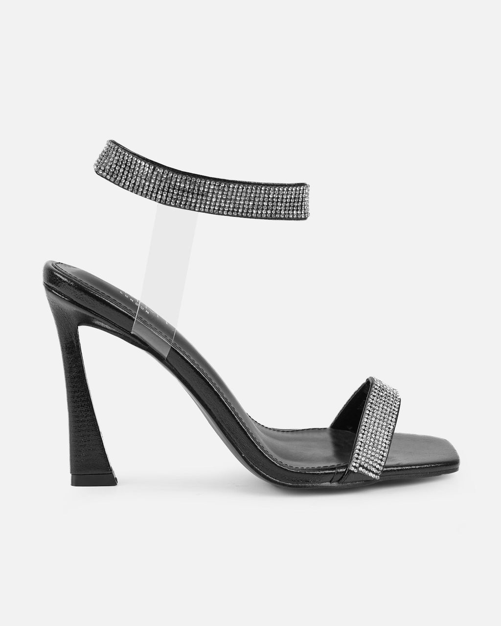 Angela Black Diamante Anklet Heeled Sandals