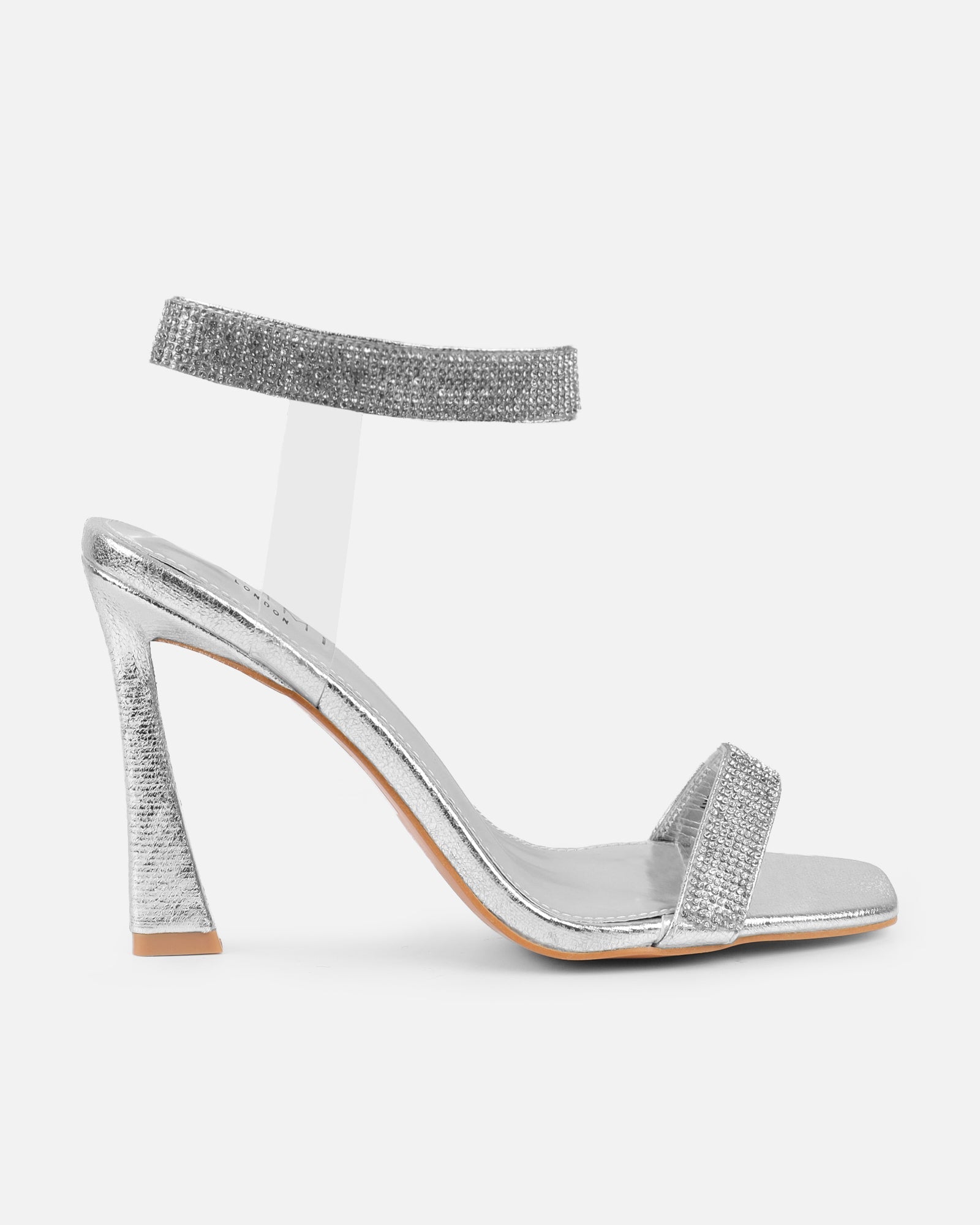 Angela Silver Mirror Diamante Anklet Heeled Sandals
