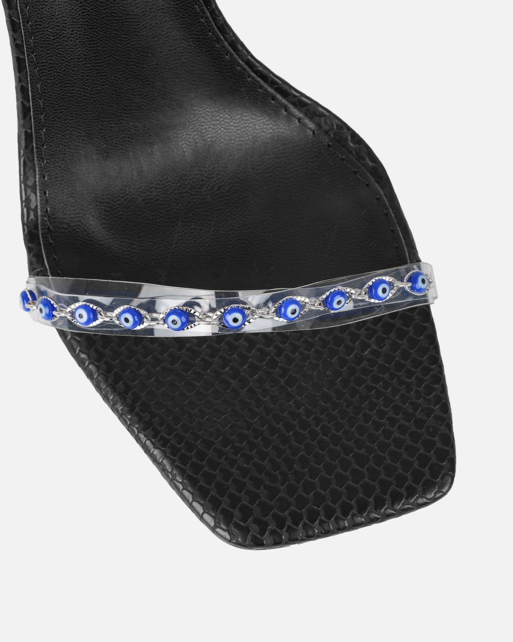Anyah Black Faux Snake Evil Eye Detail Tie Up Heels