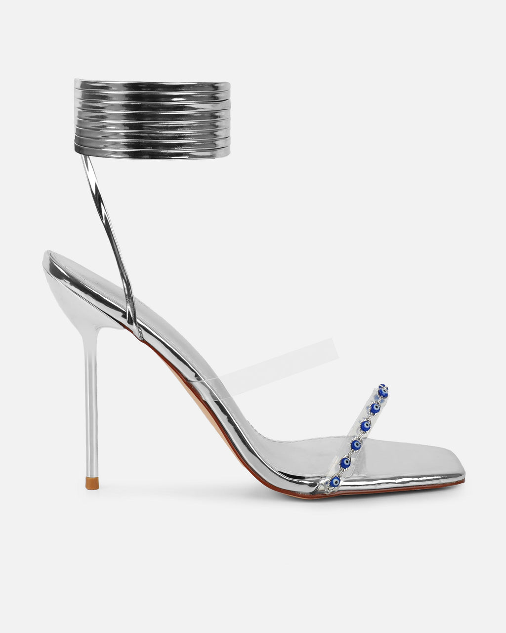 Anyah Silver Mirror Evil Eye Detail Tie Up Heels
