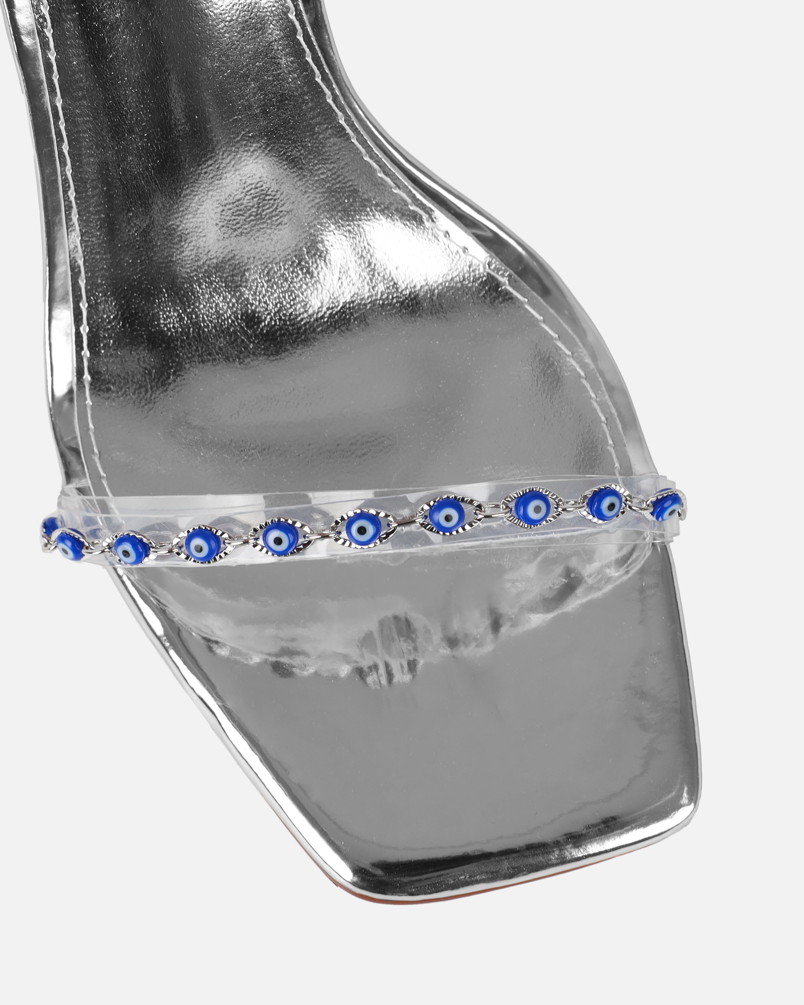 Anyah Silver Mirror Evil Eye Detail Tie Up Heels