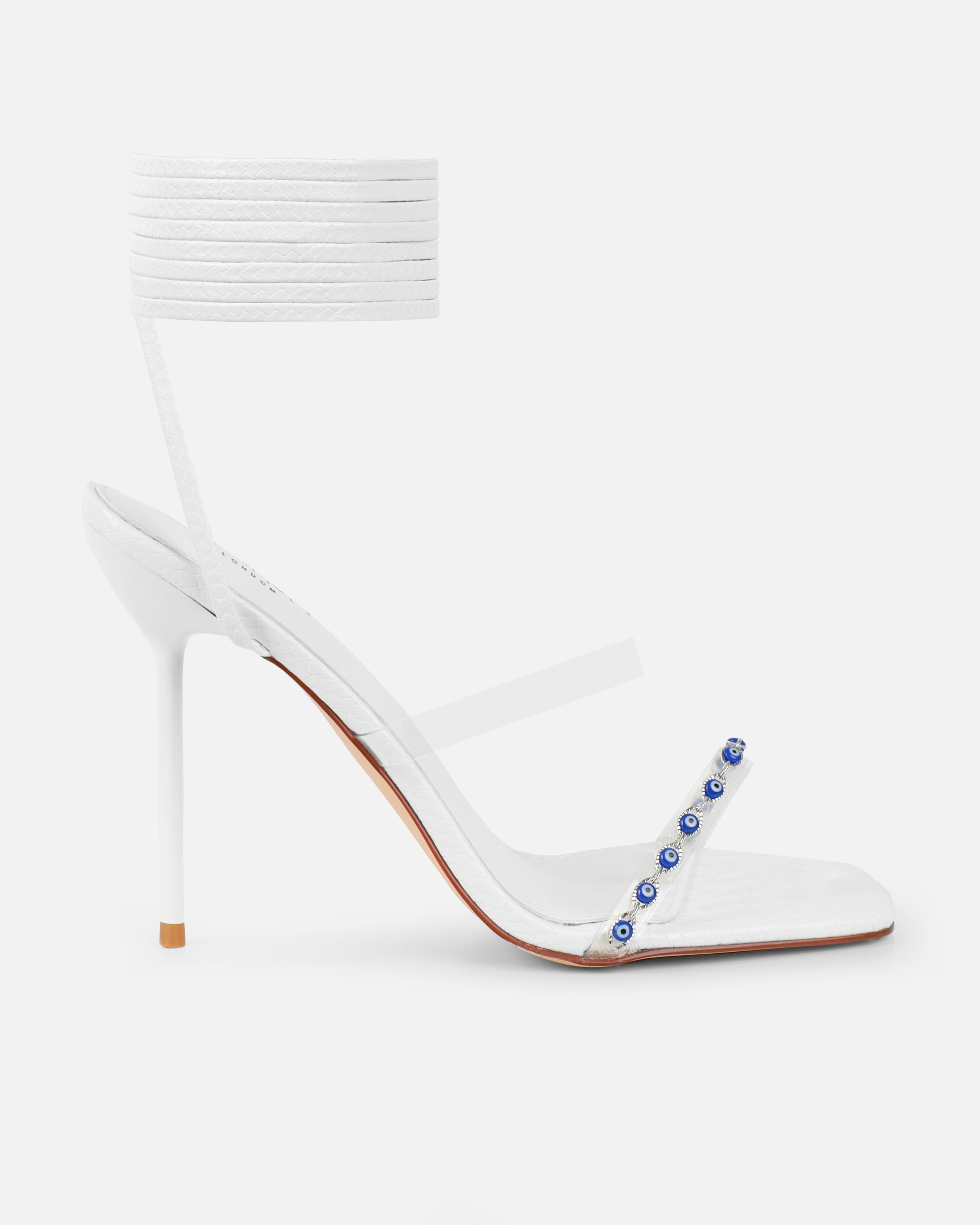 Anyah White Faux Snake Evil Eye Detail Tie Up Heels