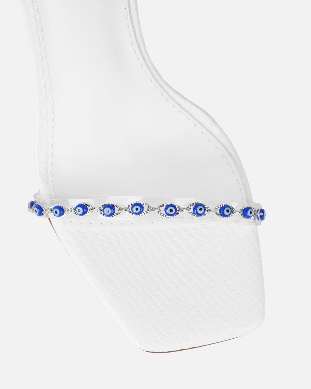 Anyah White Faux Snake Evil Eye Detail Tie Up Heels