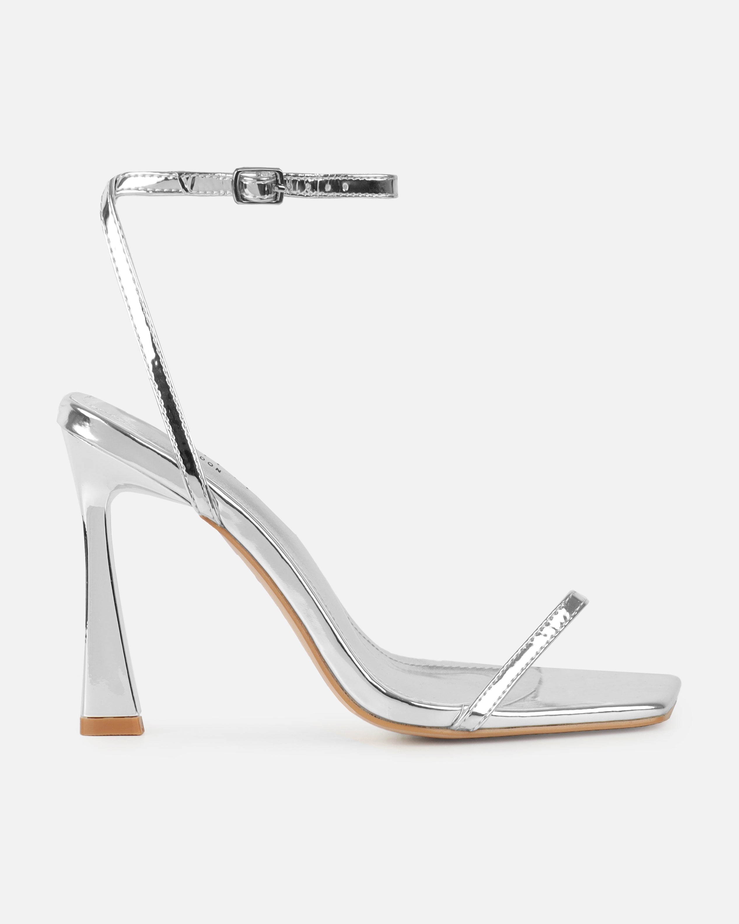 Apple Silver Mirror Flared Heeled Sandals
