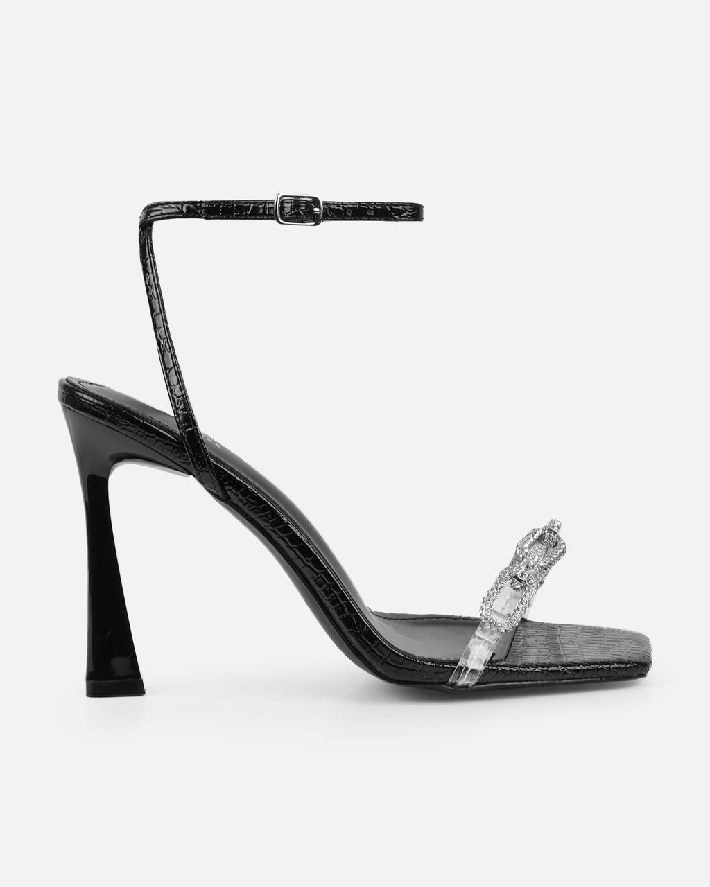 Appi Clear Black Faux Snake Effect Chain Detail Heeled Sandals