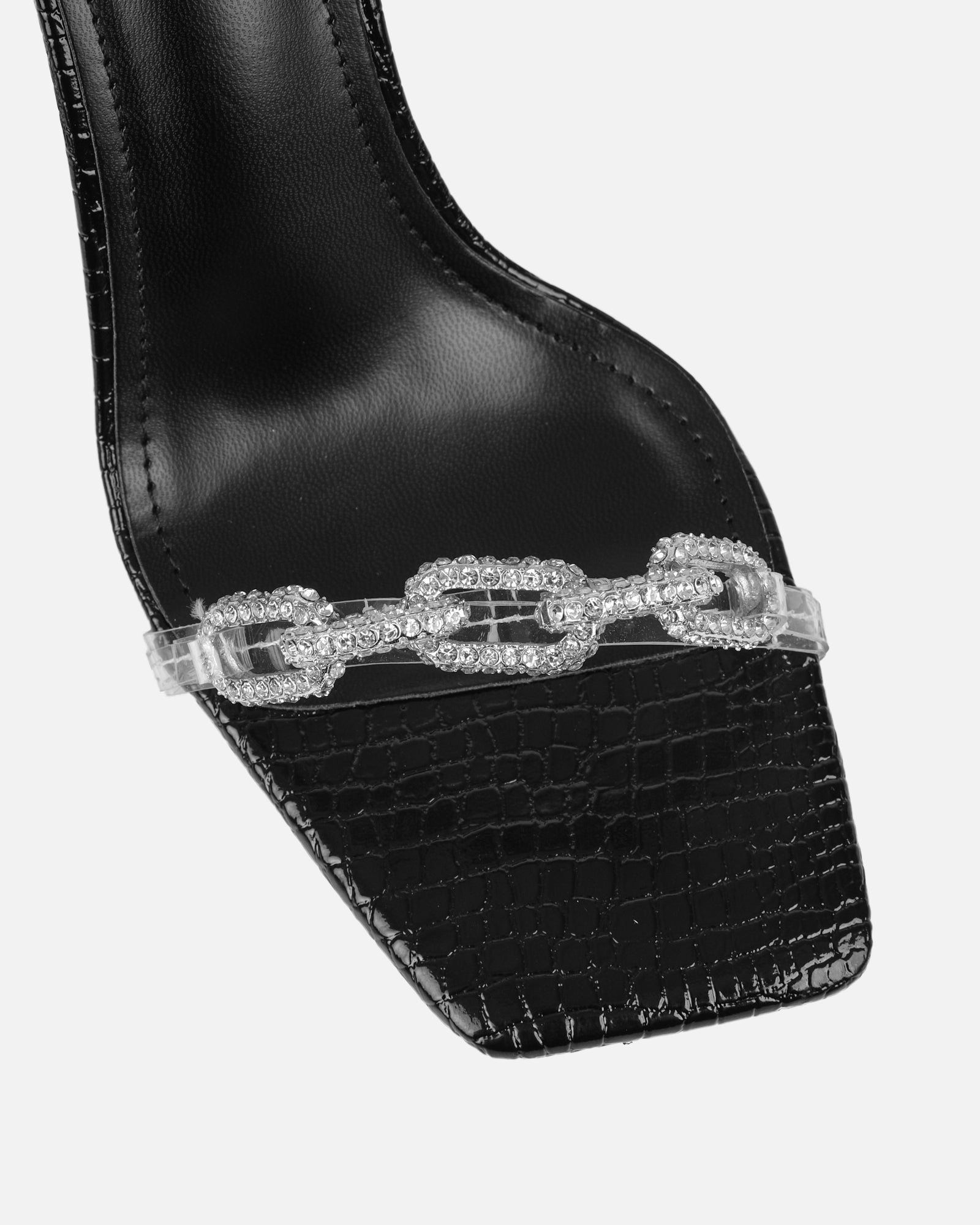 Appi Clear Black Faux Snake Effect Chain Detail Heeled Sandals