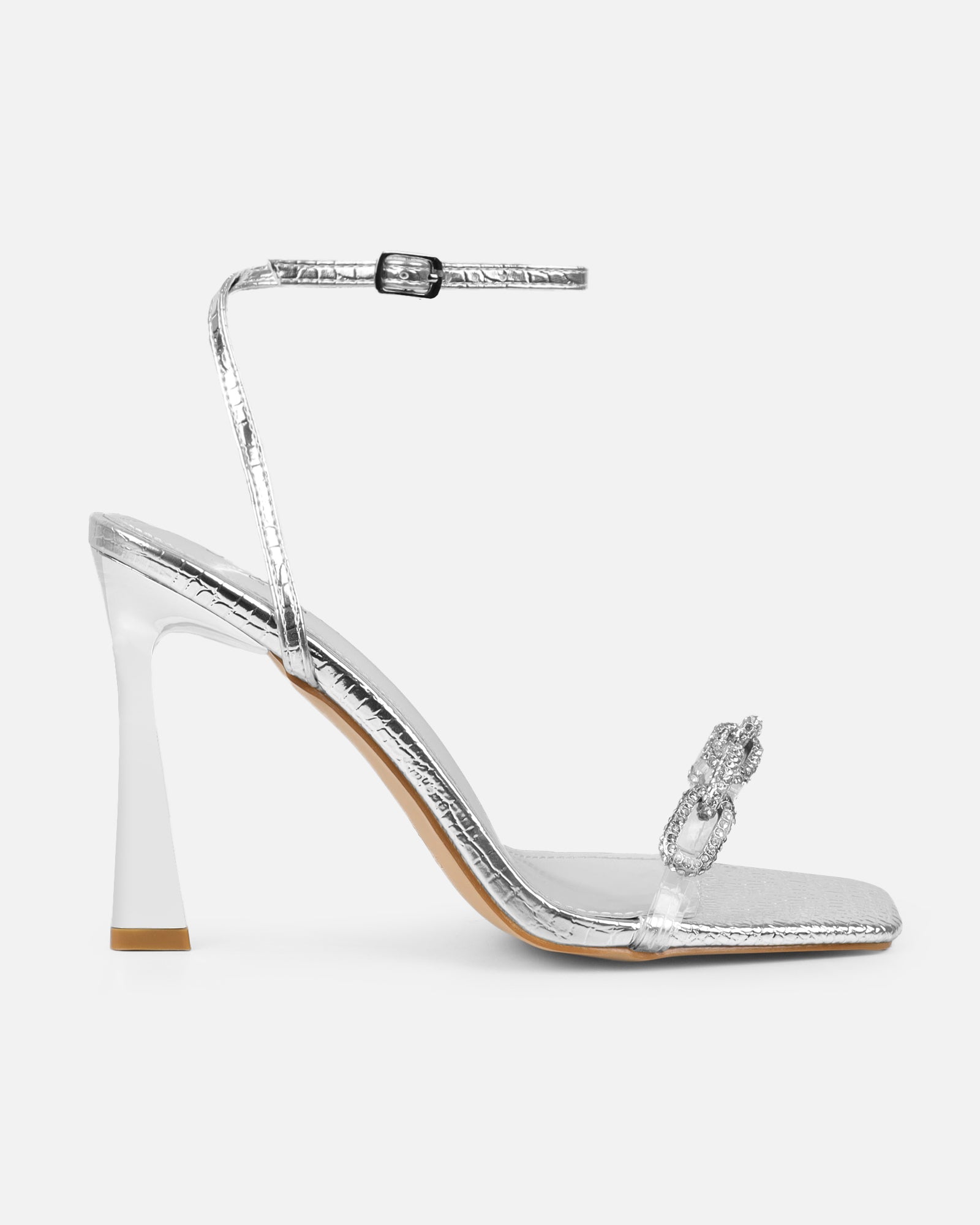 Appi Clear Silver Faux Snake Chain Detail Heeled Sandals