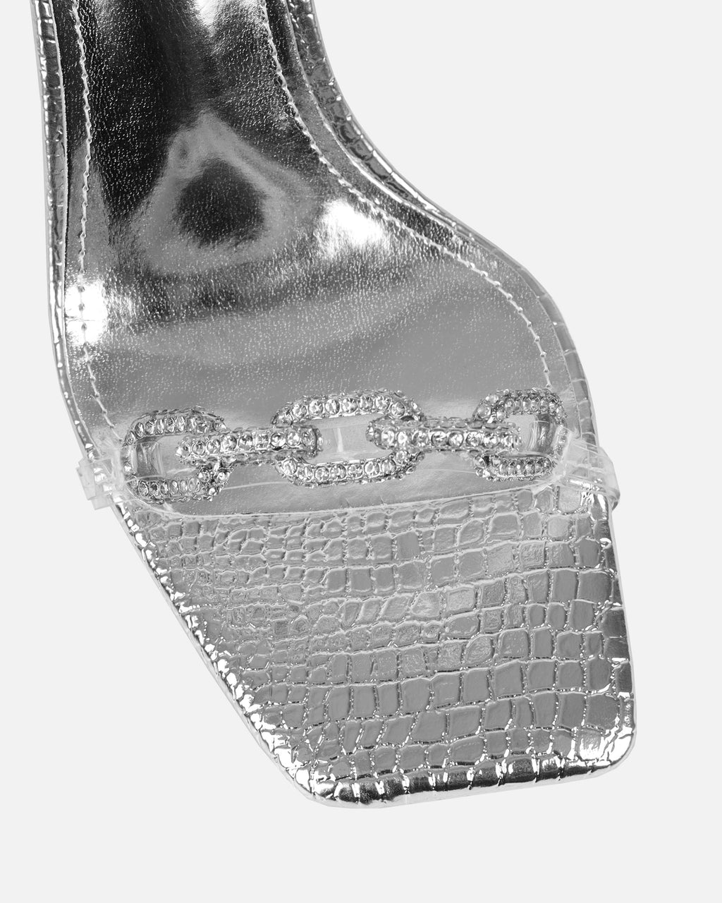 Appi Clear Silver Faux Snake Chain Detail Heeled Sandals