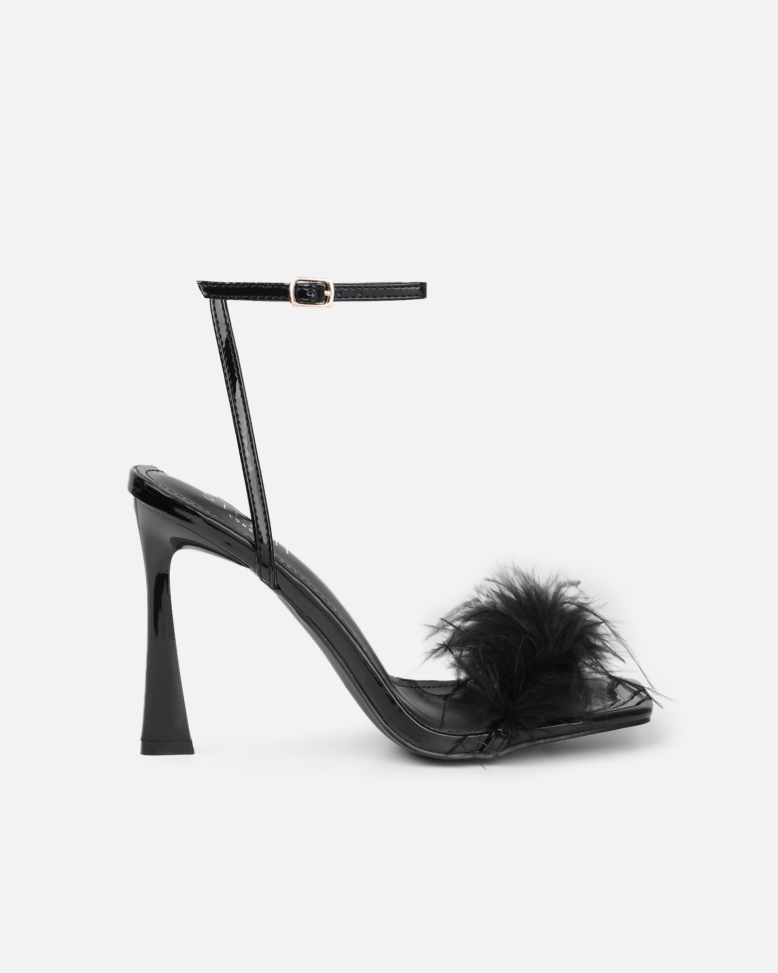 Princella black patent fluffy heeled sandals