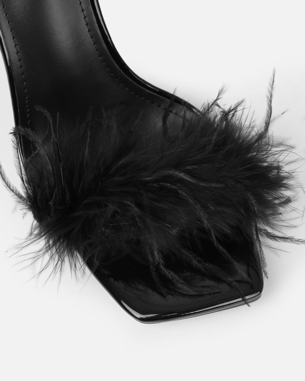 Princella black patent fluffy heeled sandals