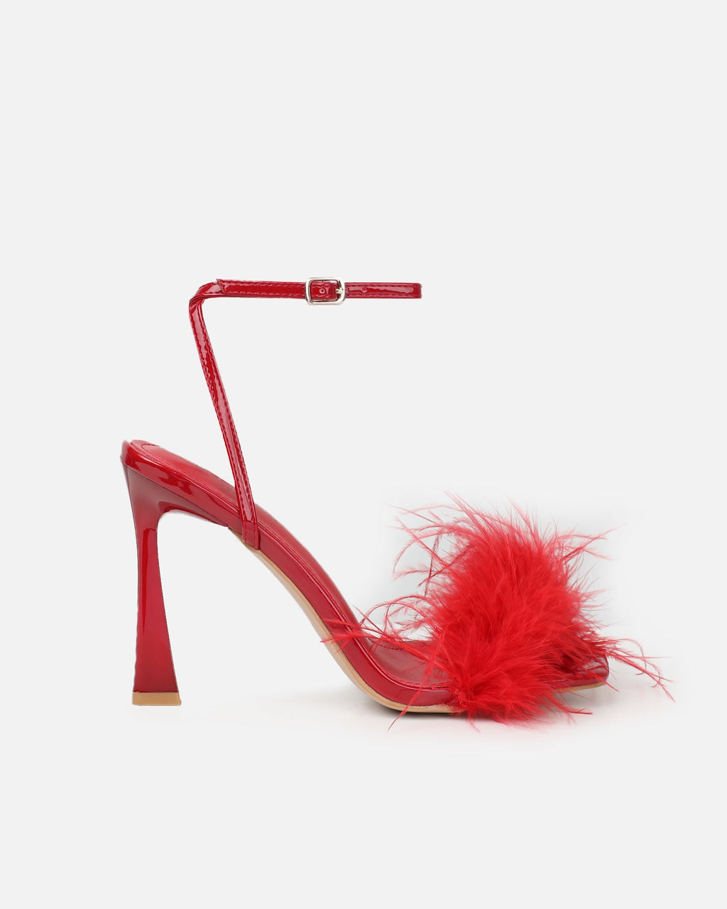 Princella red patent fluffy heeled sandal
