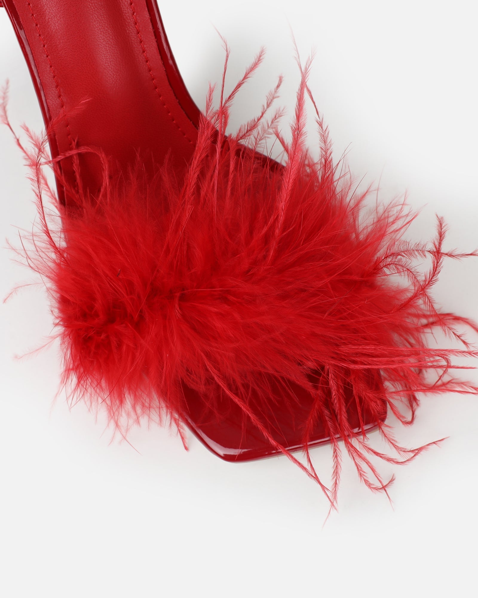 Princella red patent fluffy heeled sandal