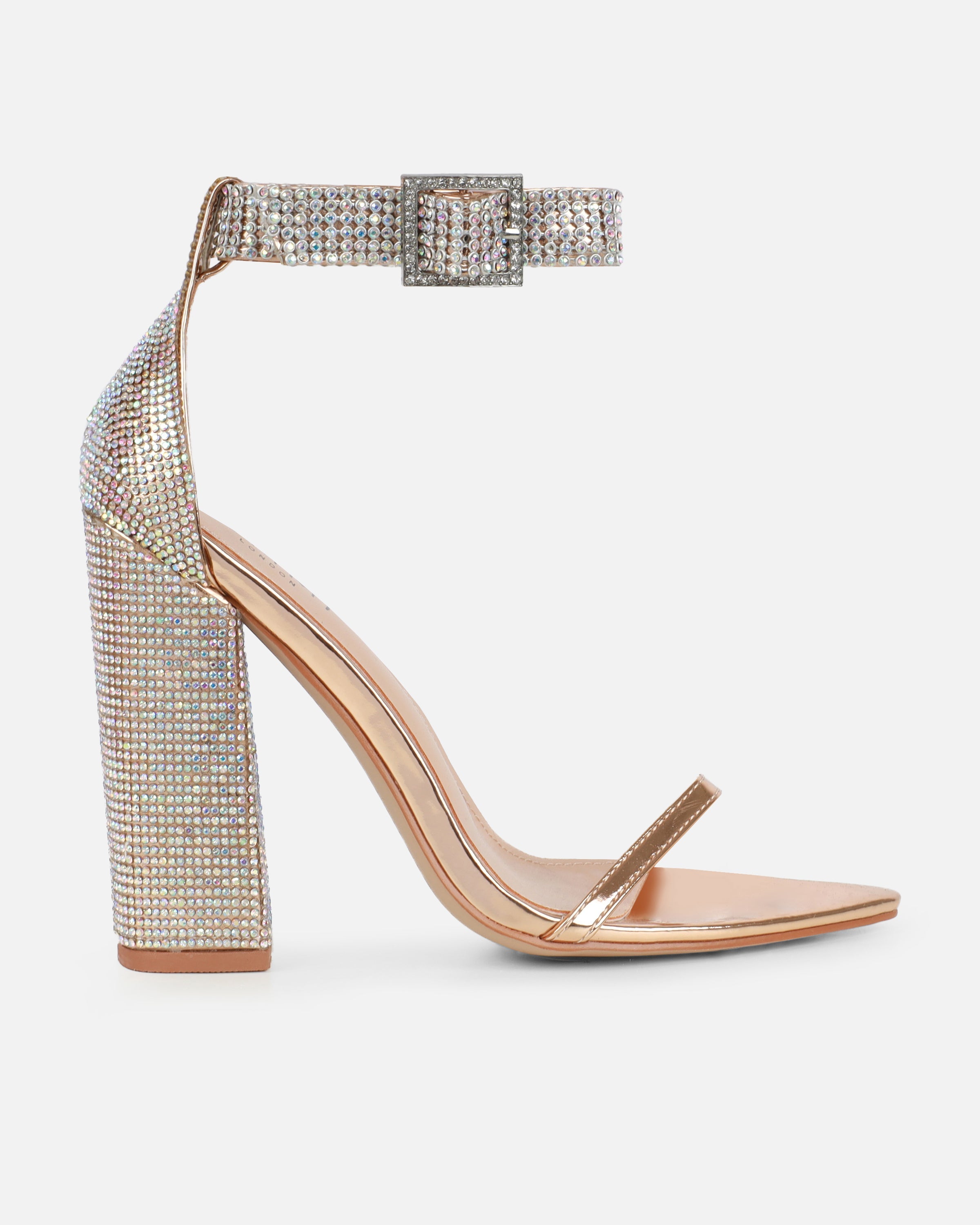 Arii Rose Gold Mirror Diamante Block Heels