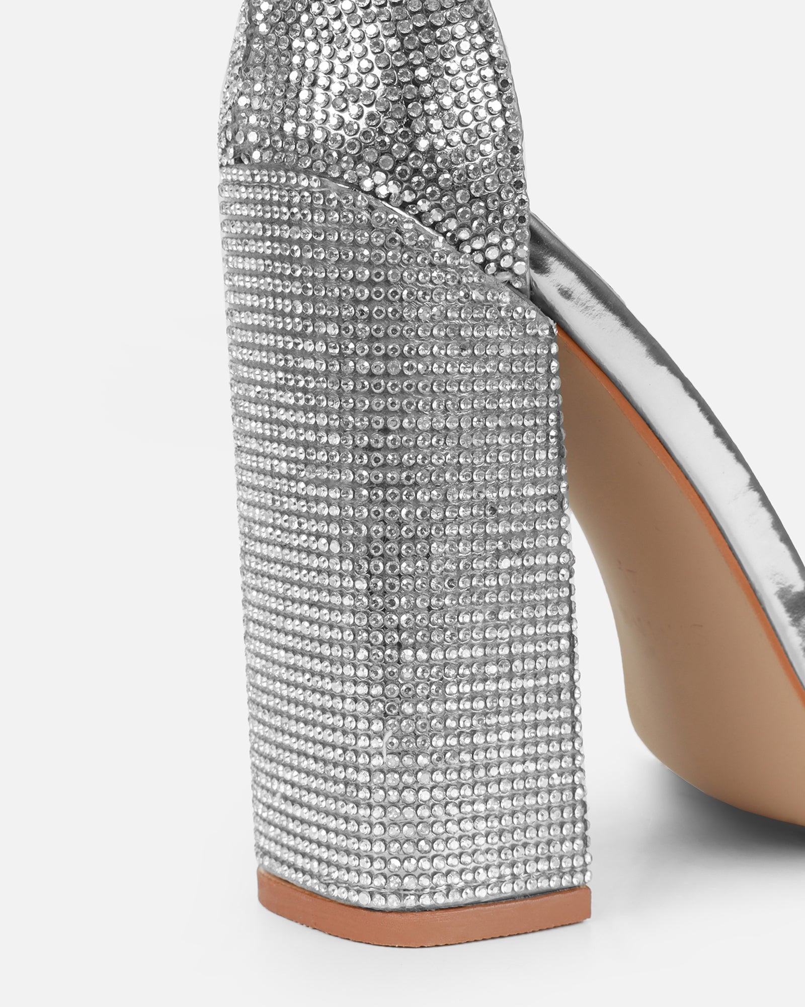 Arii Silver Mirror Diamante Block Heels