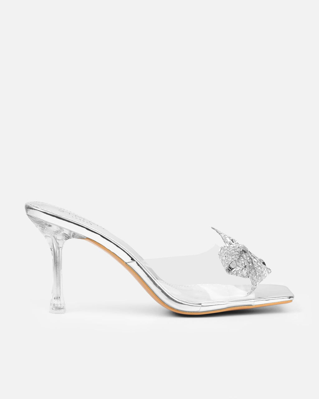 Ashleigh Clear Silver Mirror Diamante Bow Mid Heeled Sandals