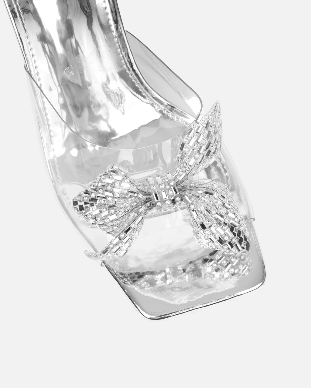 Ashleigh Clear Silver Mirror Diamante Bow Mid Heeled Sandals