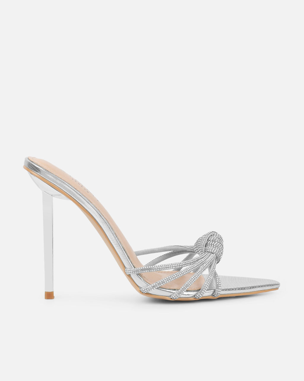 Aubree Silver Faux Snake Print Diamante Knot Mules