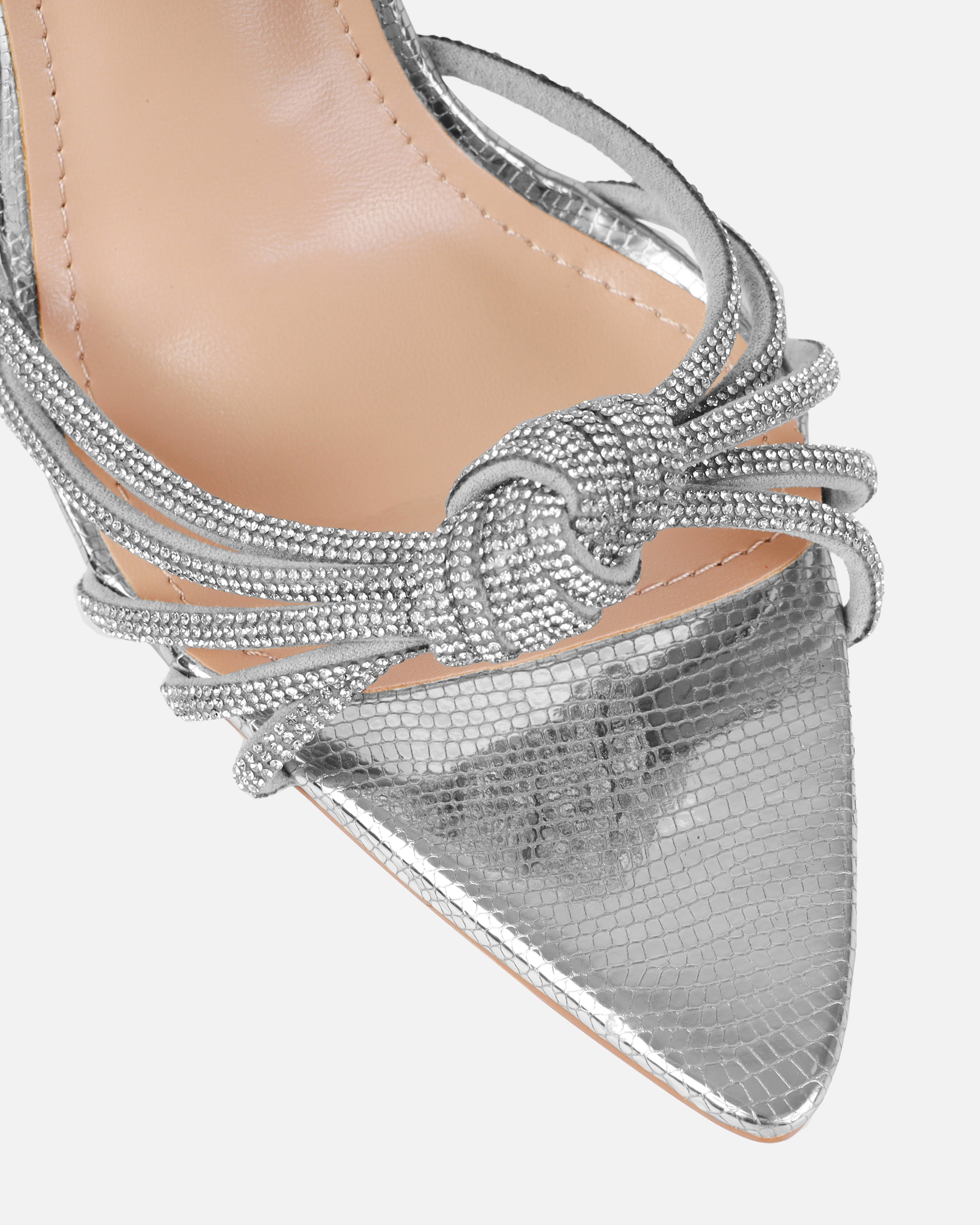 Aubree Silver Faux Snake Print Diamante Knot Mules