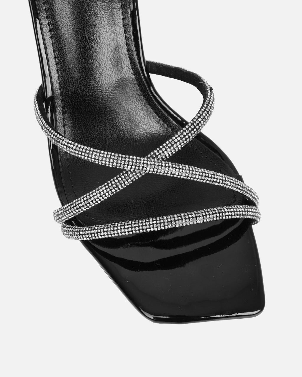 Aubria Black Patent Diamante Mid Heeled Sandals