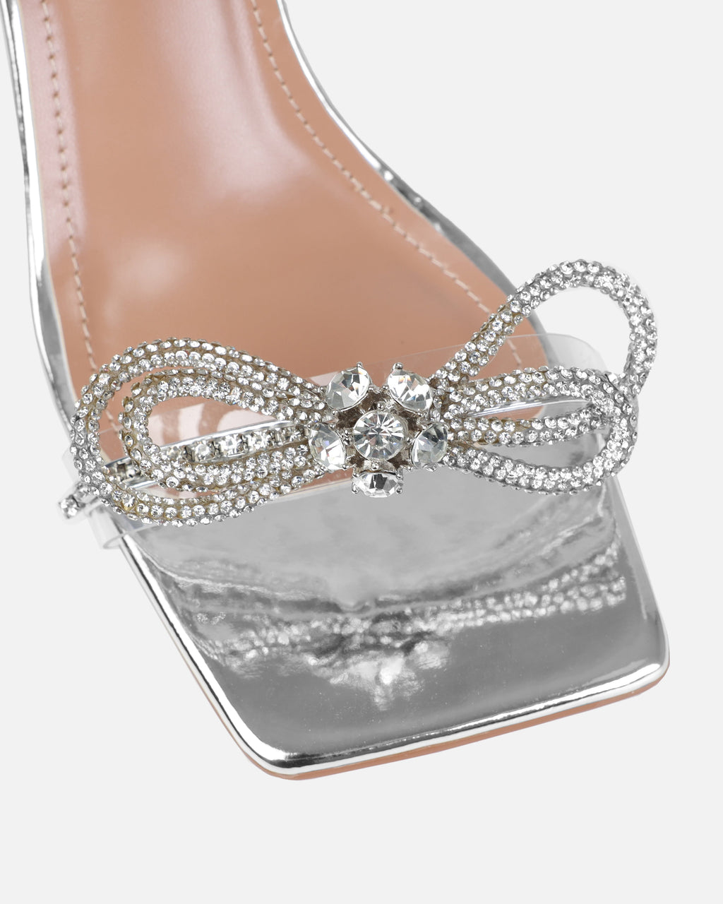 Diamond Silver Clear Diamante Bow Mid Heels