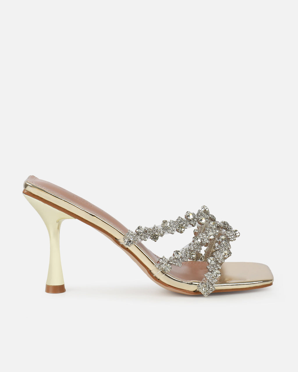 Blushing Gold Mirror Diamante Mid Heel Mules