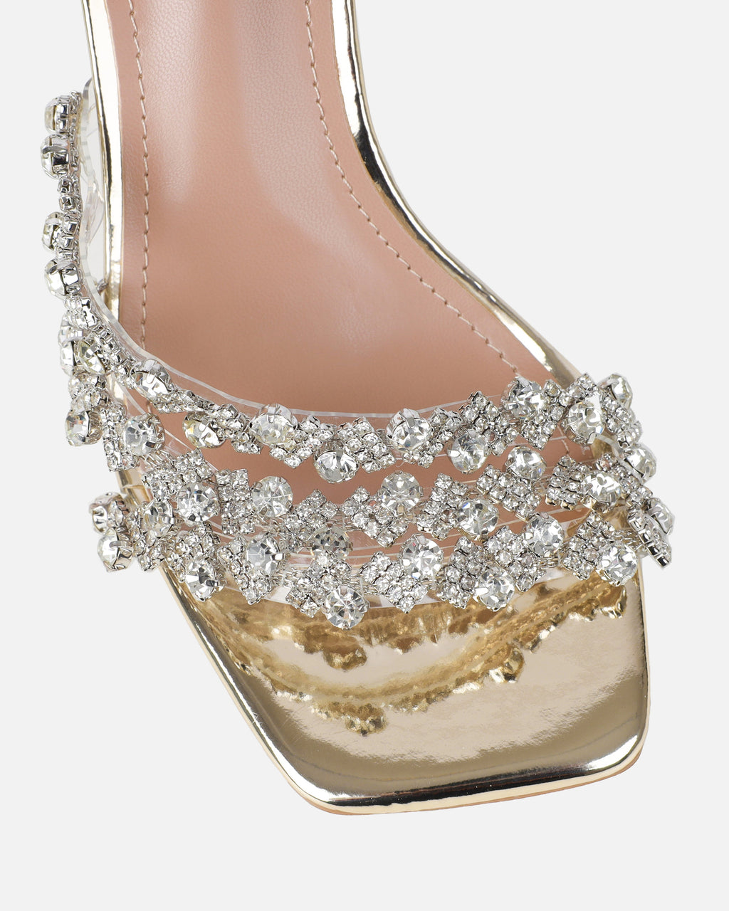Blushing Gold Mirror Diamante Mid Heel Mules
