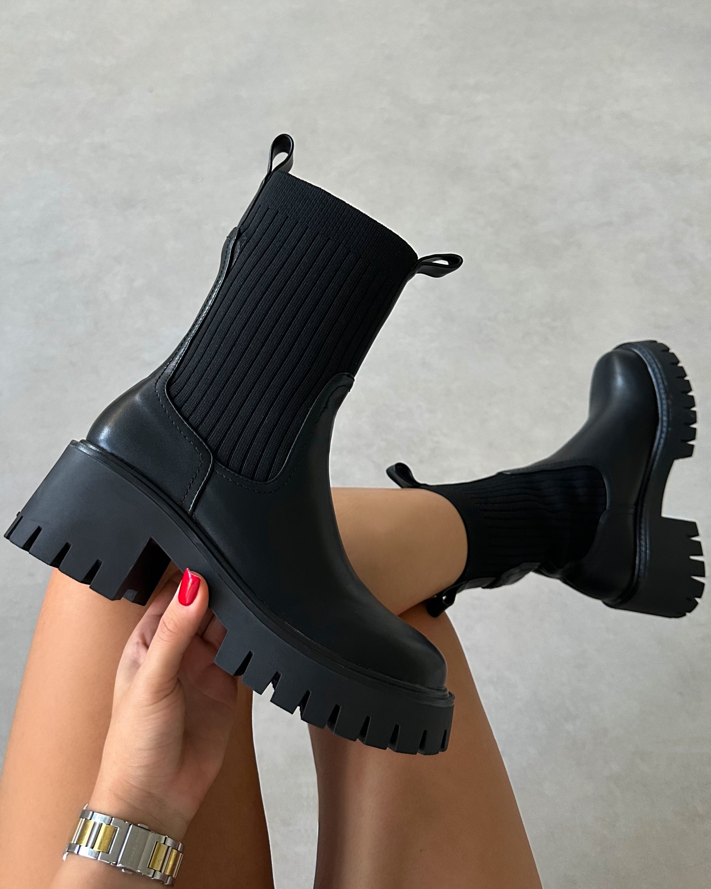 Albie Black Chunky Knitted Ankle Boots