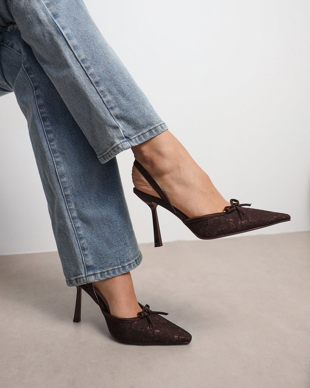 Bebee Brown Lace Bow Heeled Sandals