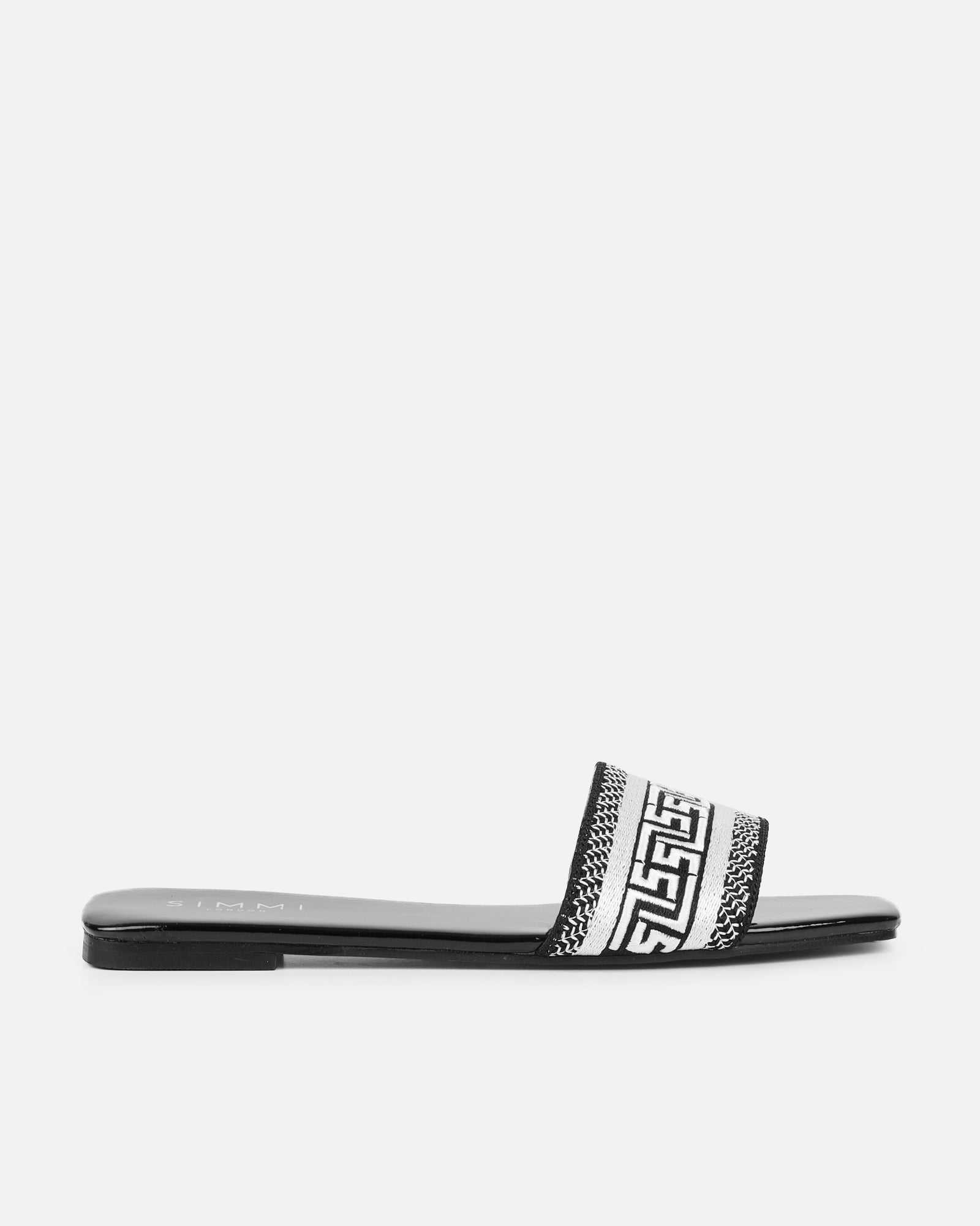 Cali Black Patent Embroidered Slide Sandals