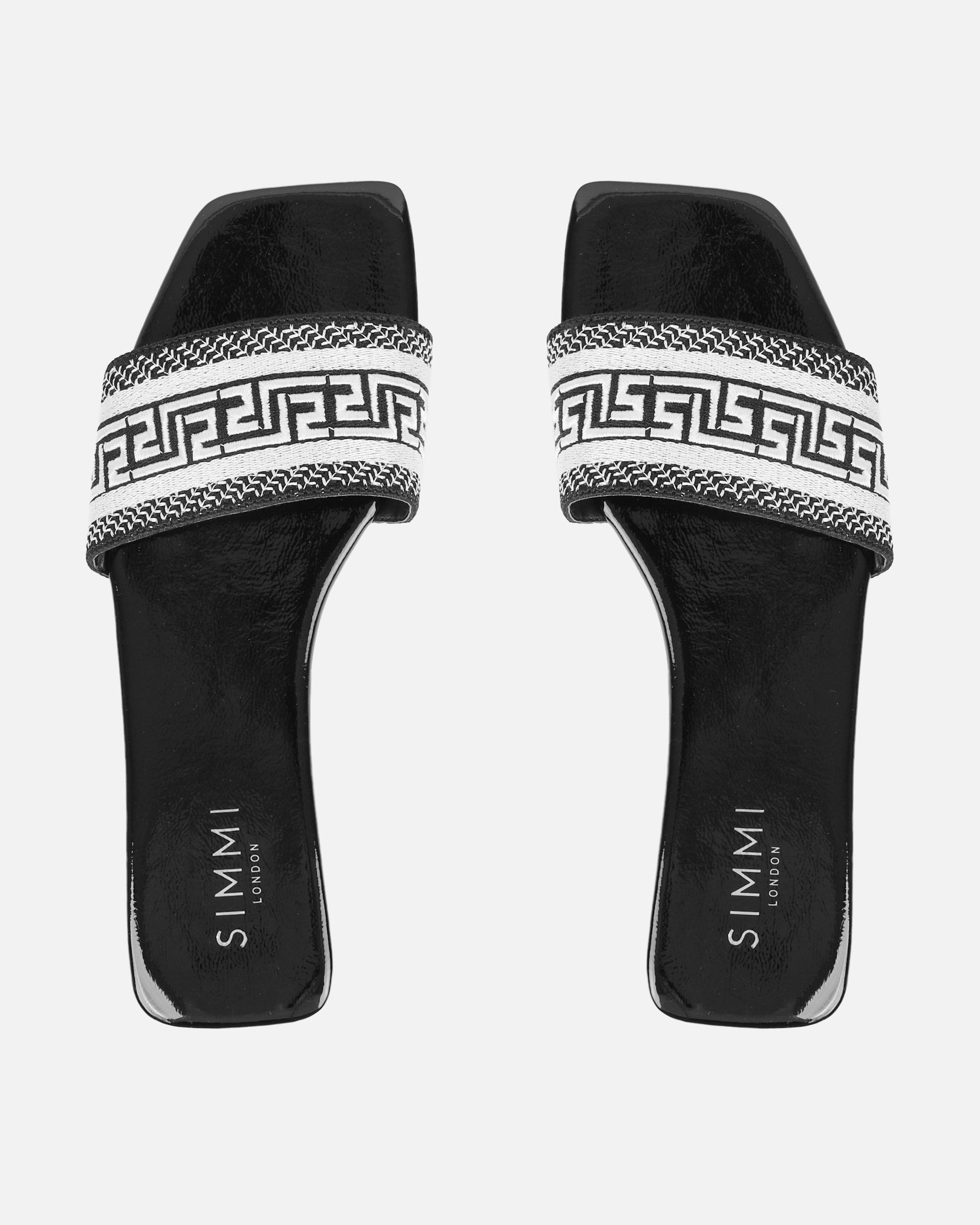 Cali Black Patent Embroidered Slide Sandals
