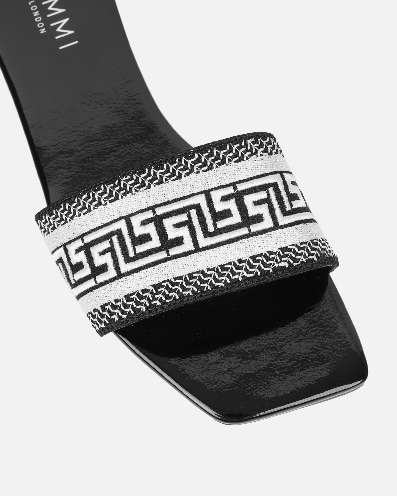 Cali Black Patent Embroidered Slide Sandals
