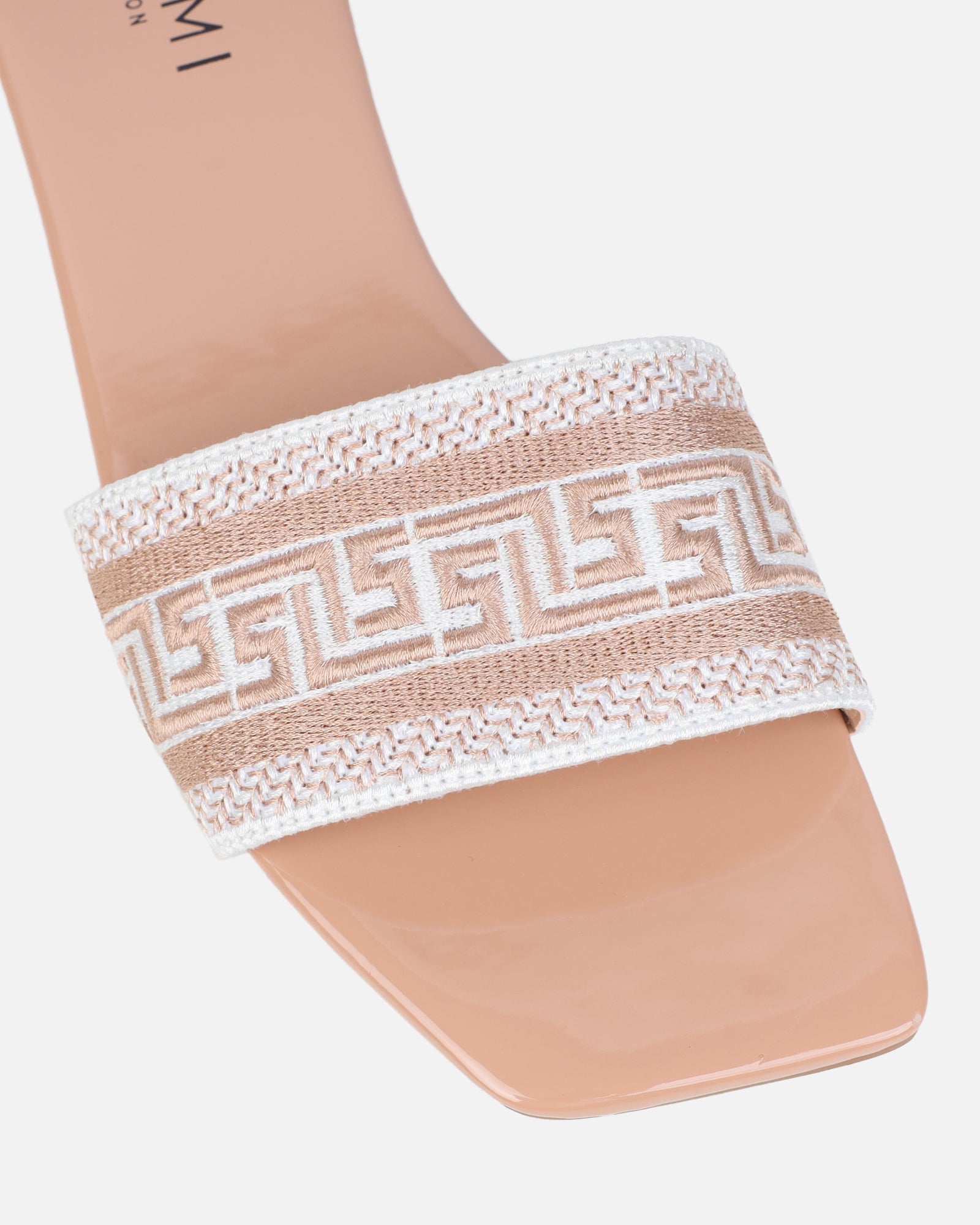 Cali Nude Patent Embroidered Slide Sandals
