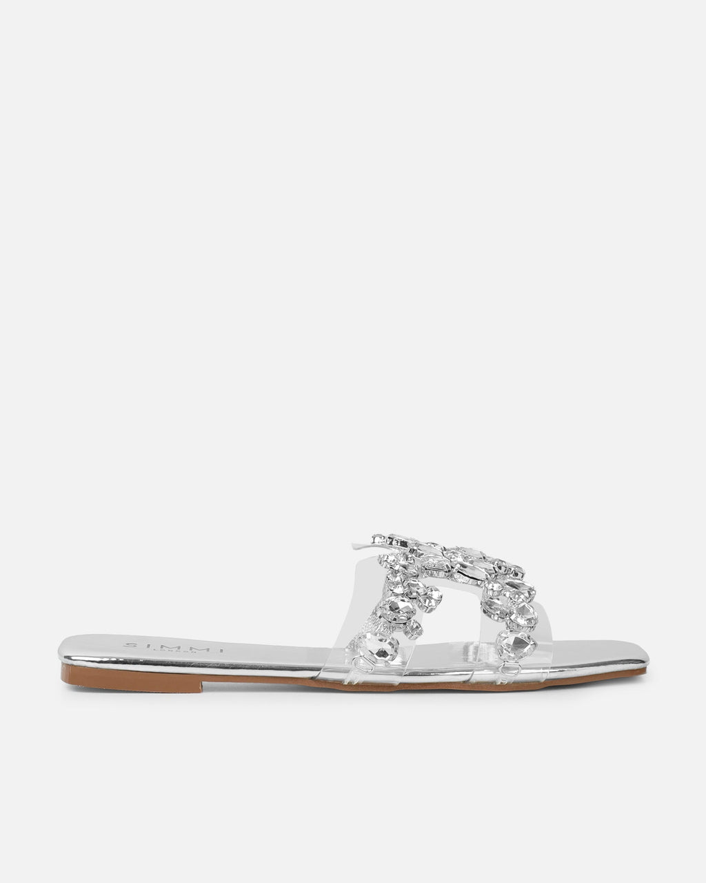 Calista Silver Mirror Diamante Slip On Flat Sandals