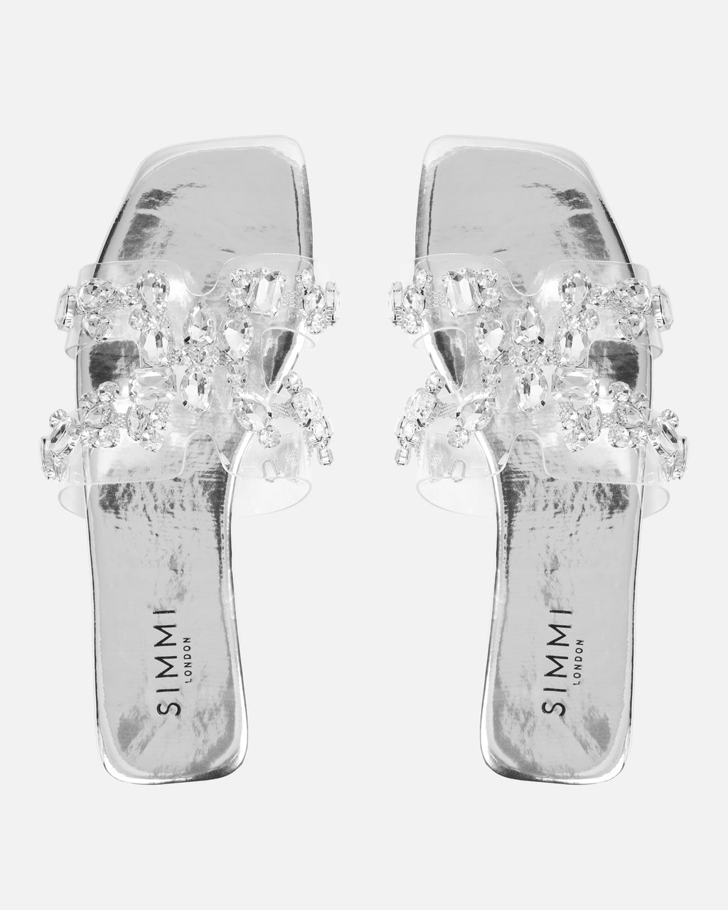Calista Silver Mirror Diamante Slip On Flat Sandals