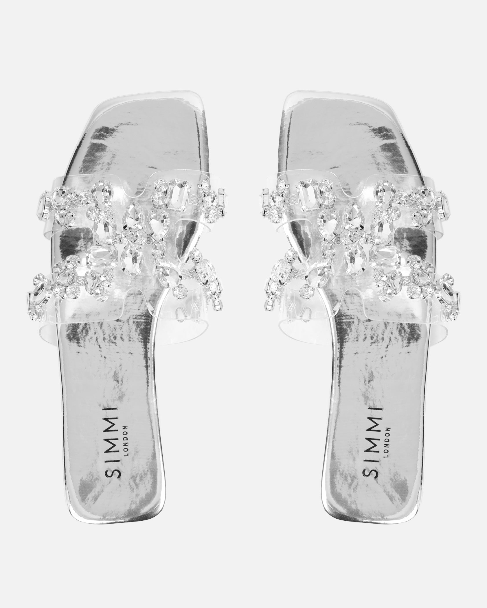 Calista Silver Mirror Diamante Slip On Flat Sandals