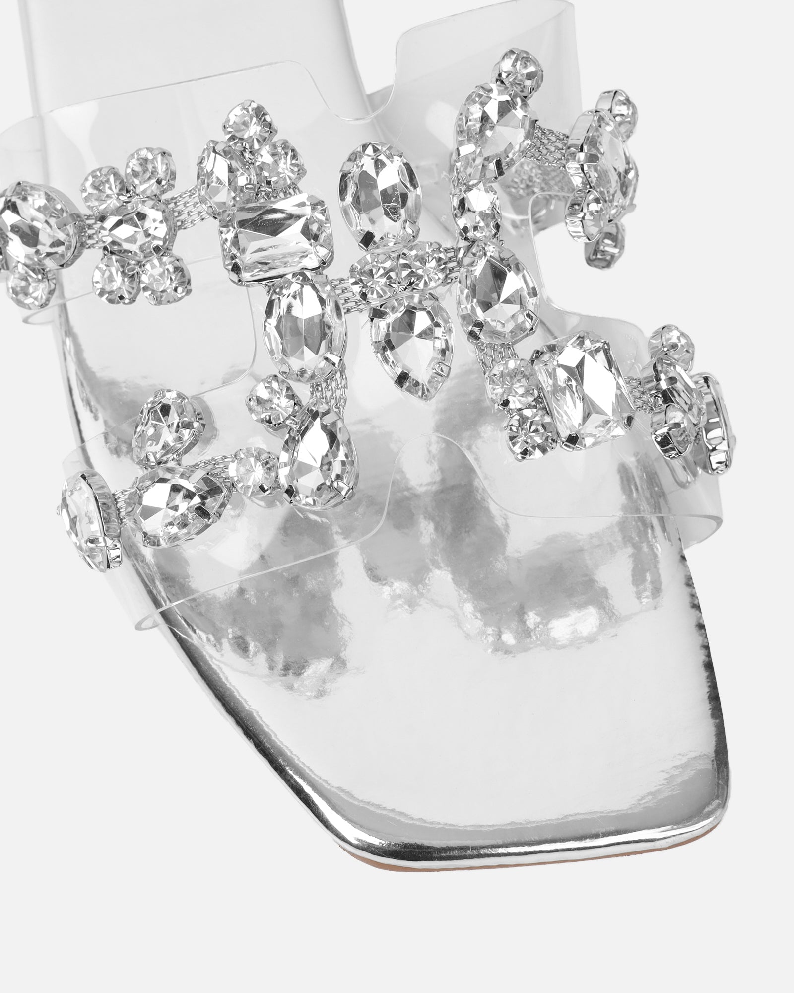 Calista Silver Mirror Diamante Slip On Flat Sandals