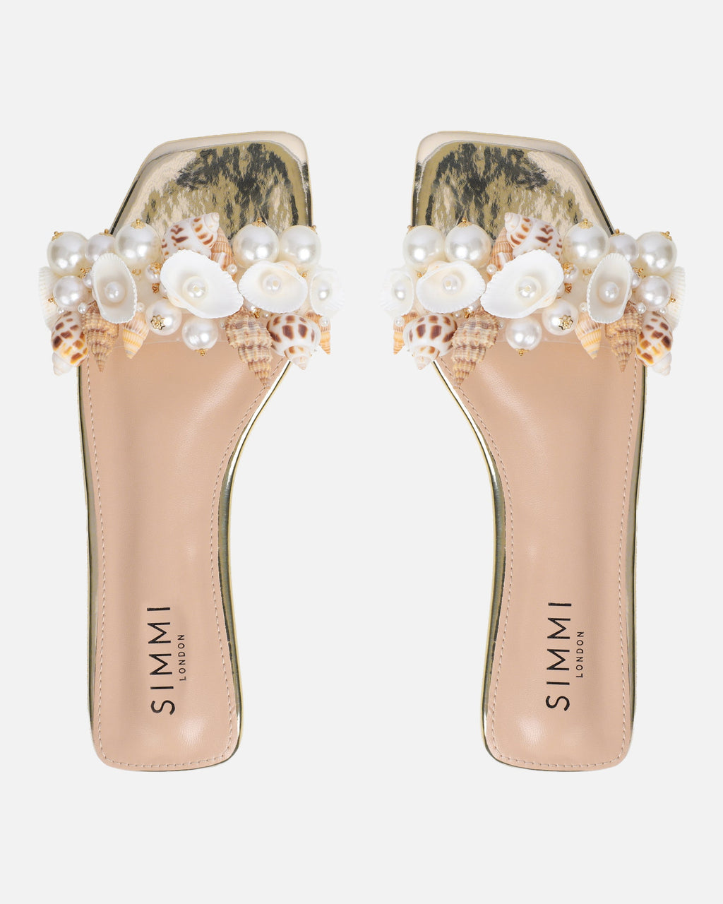 Shelz Gold Mirror Shell Trim Flat Sandals