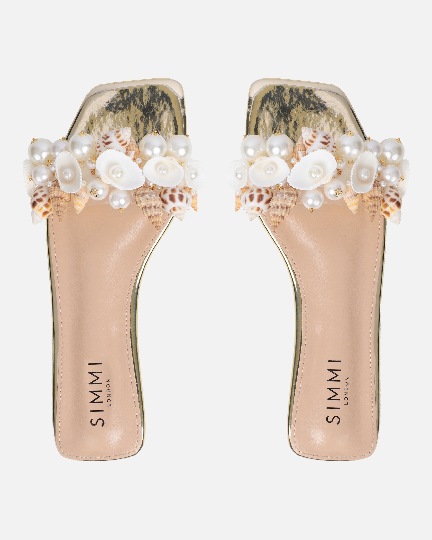 Shelz Gold Mirror Shell Trim Flat Sandals