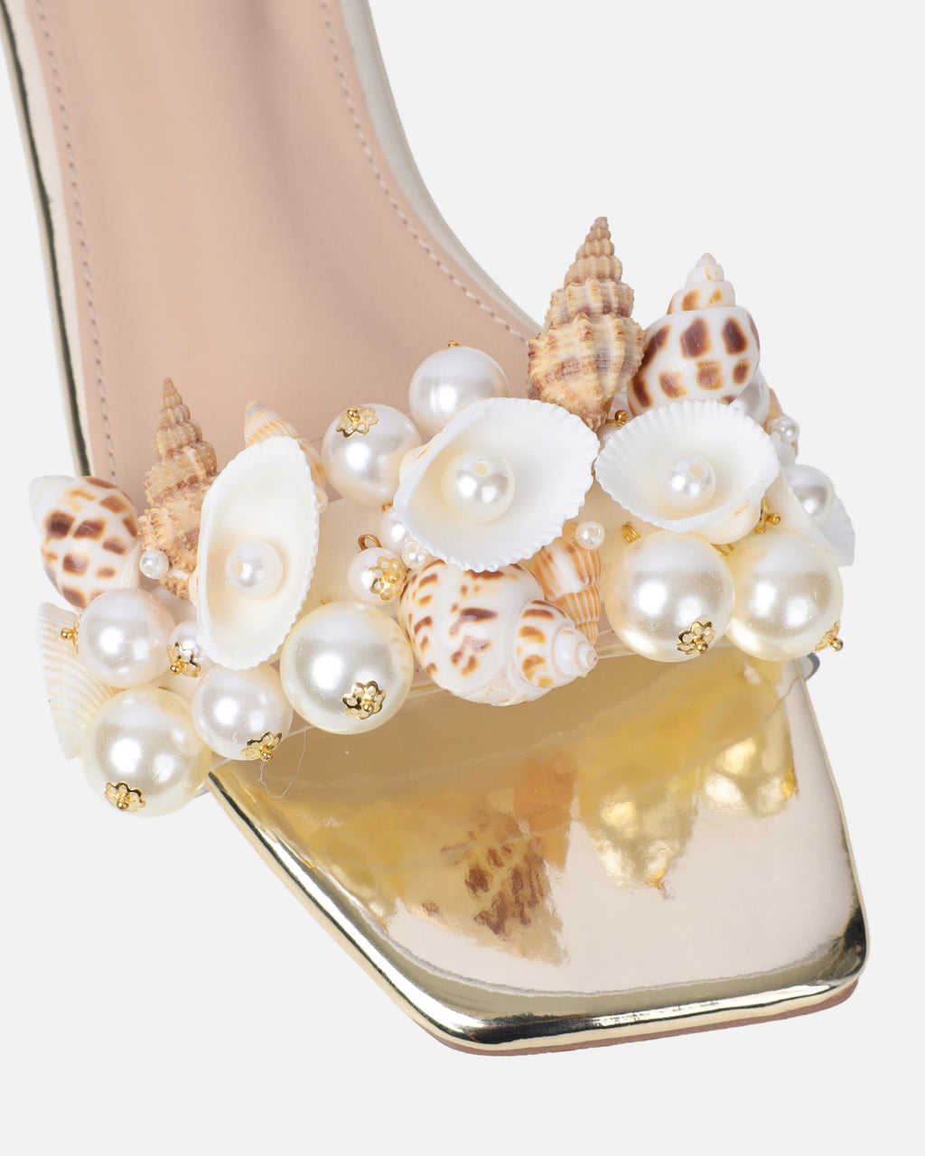 Shelz Gold Mirror Shell Trim Flat Sandals