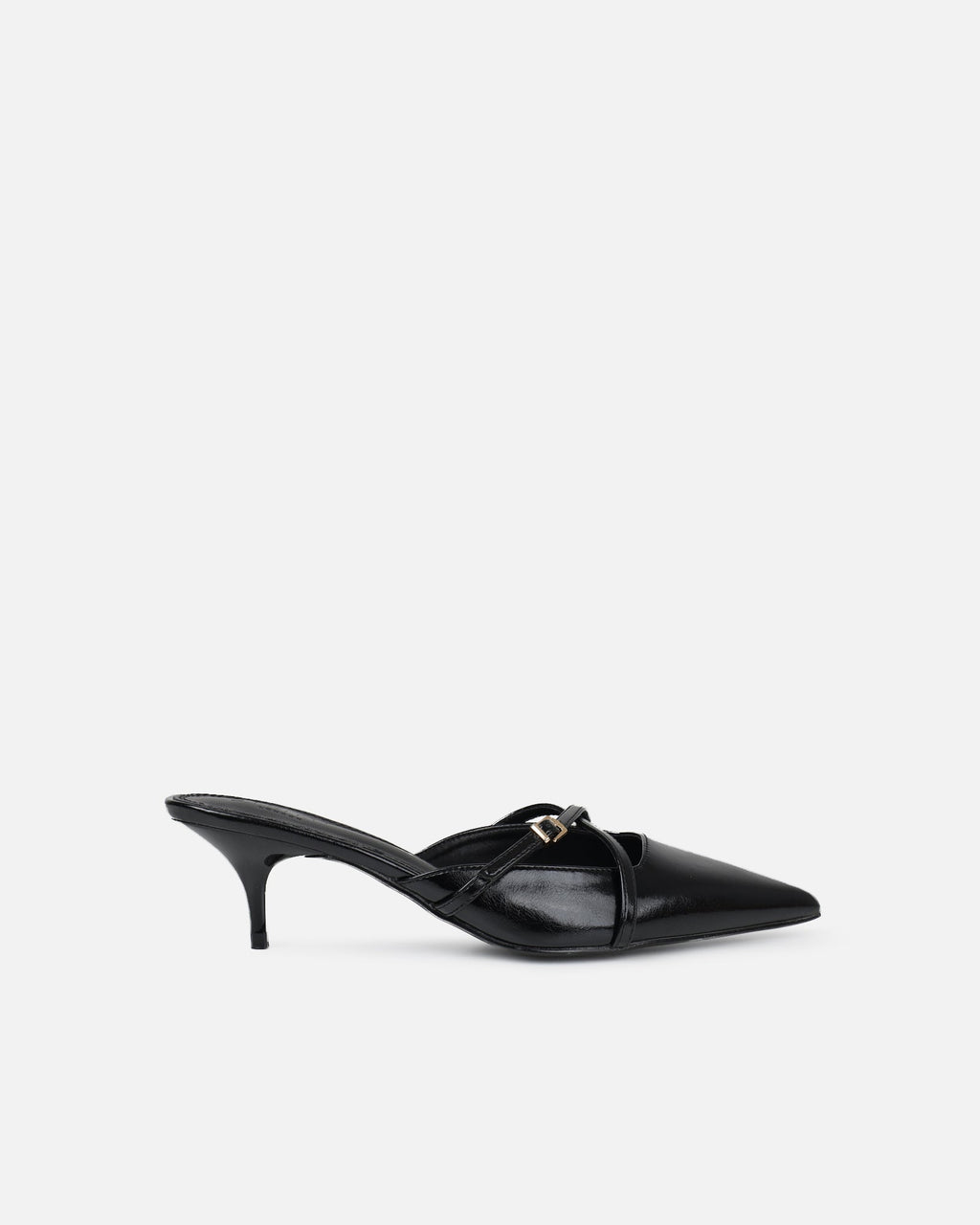 Char black low heel buckle mules