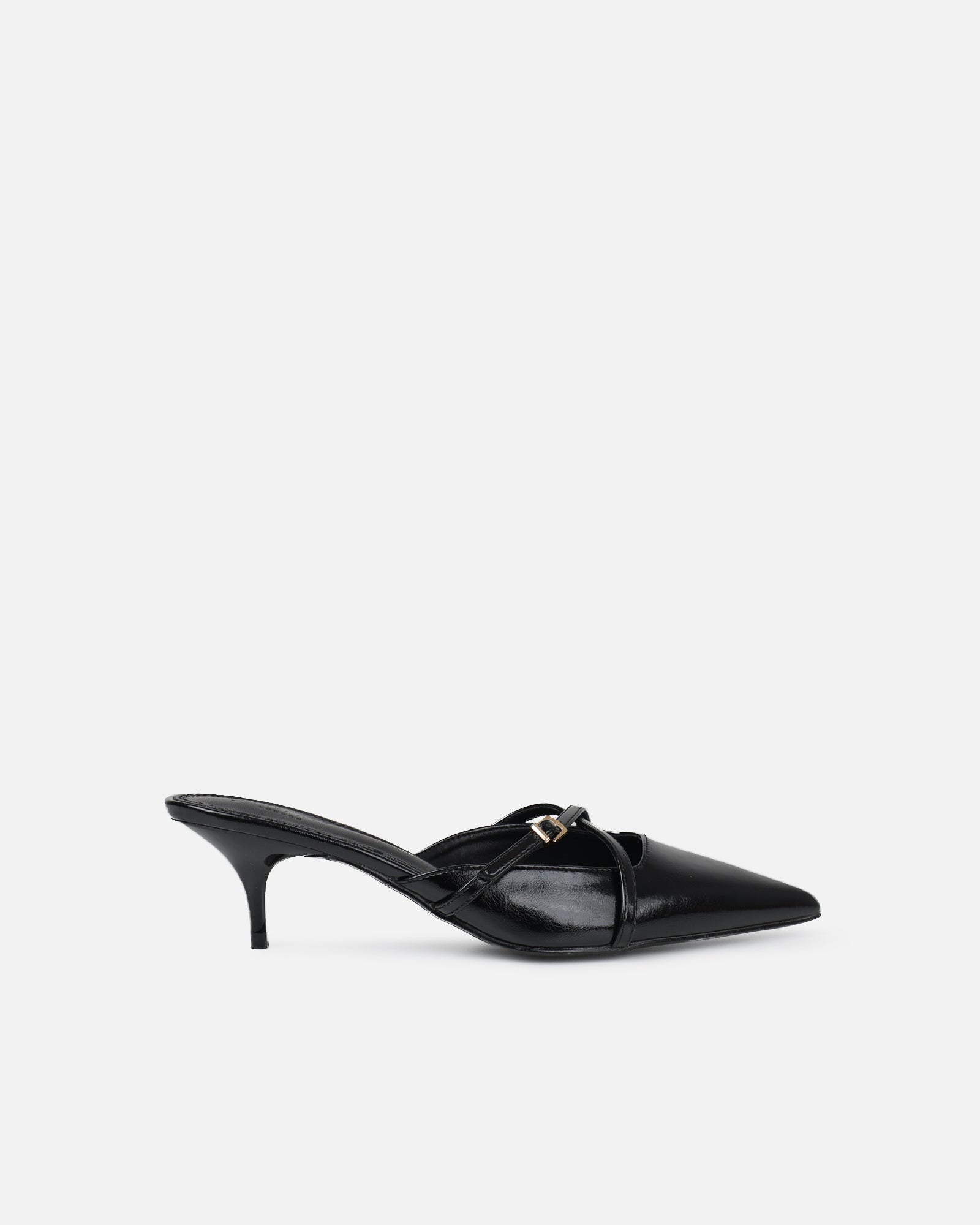Char black low heel buckle mules