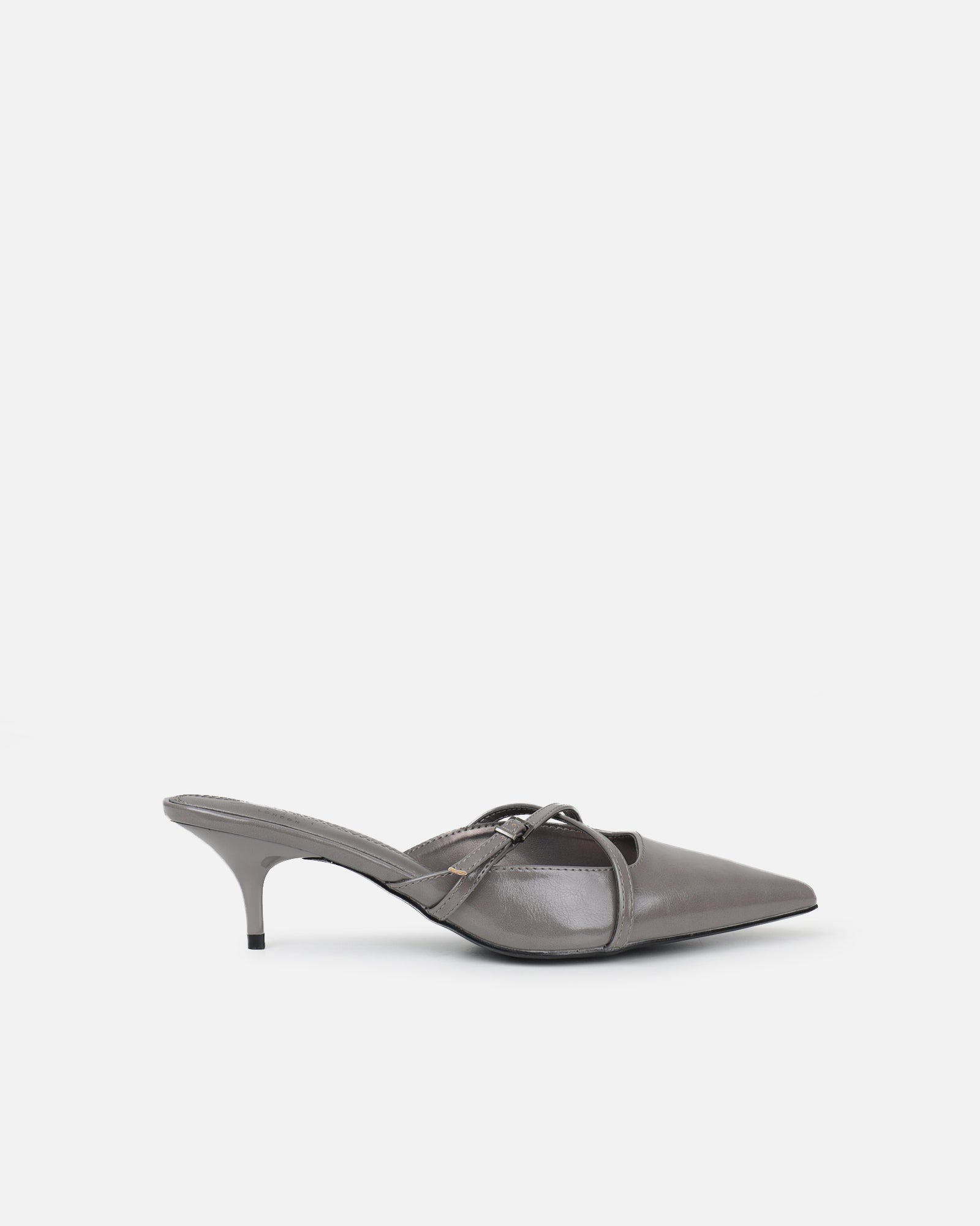 Char grey low heel buckle mules