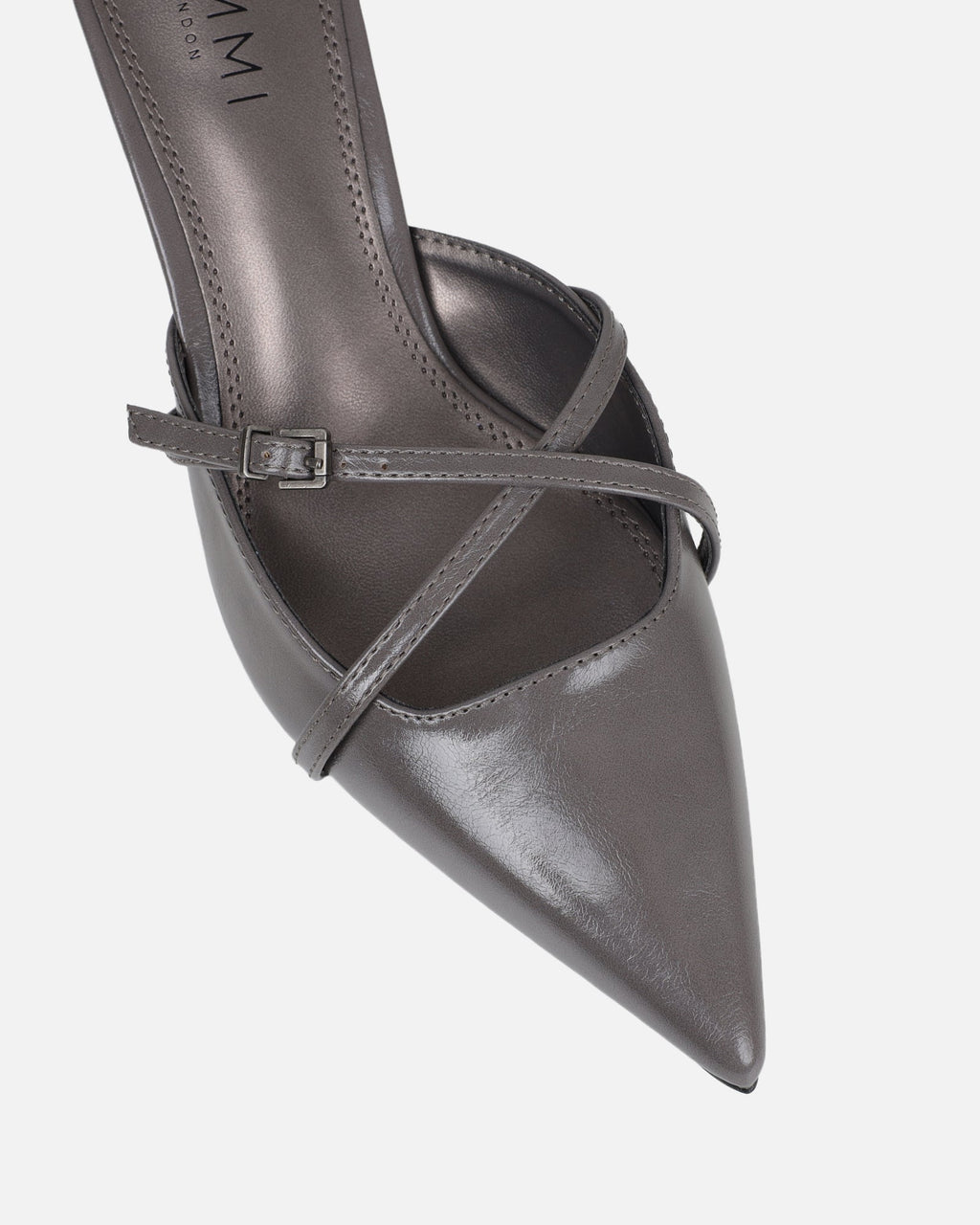 Char grey low heel buckle mules