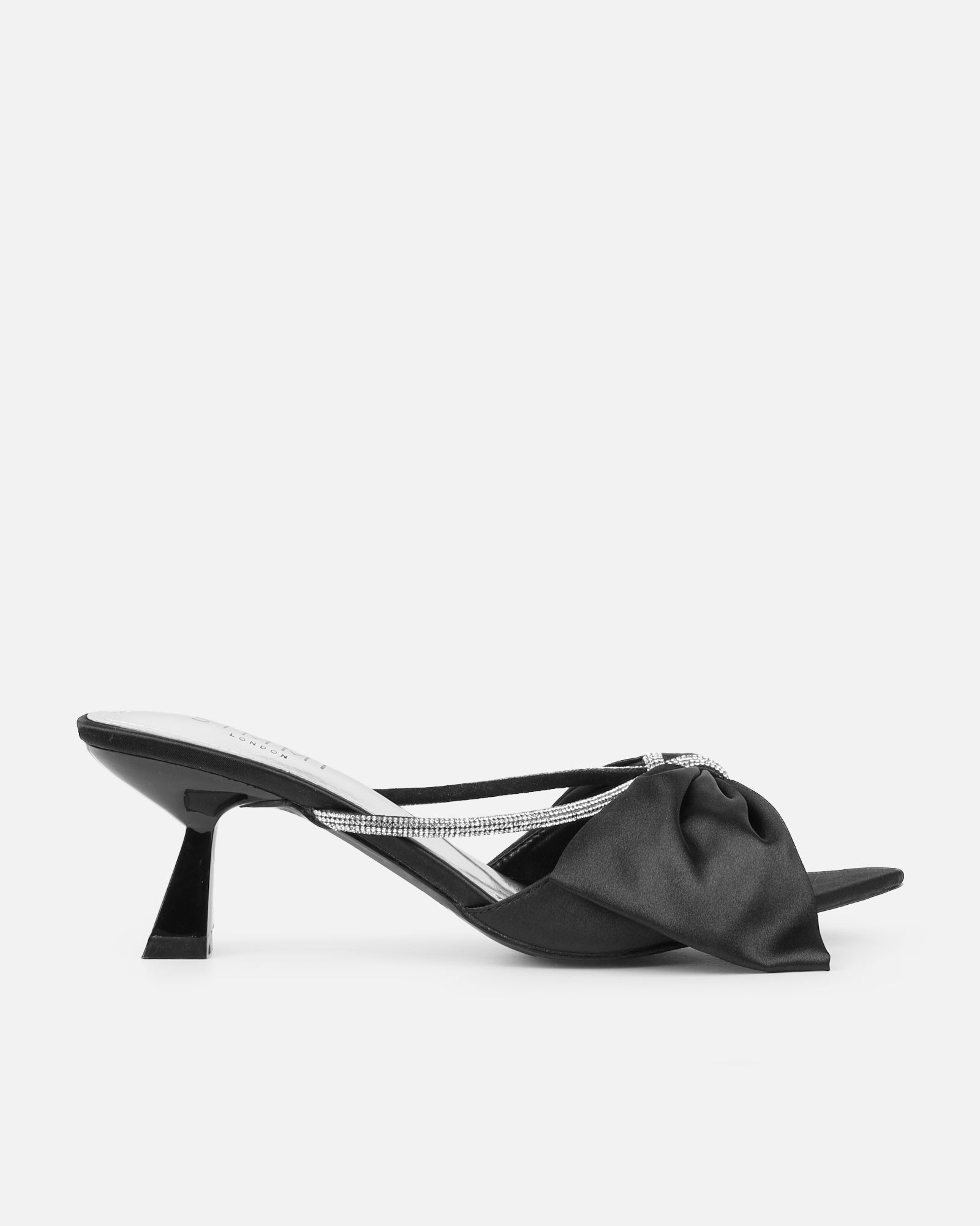 Chayaa  Black Satin Diamante Bow Low Heeled Sandals