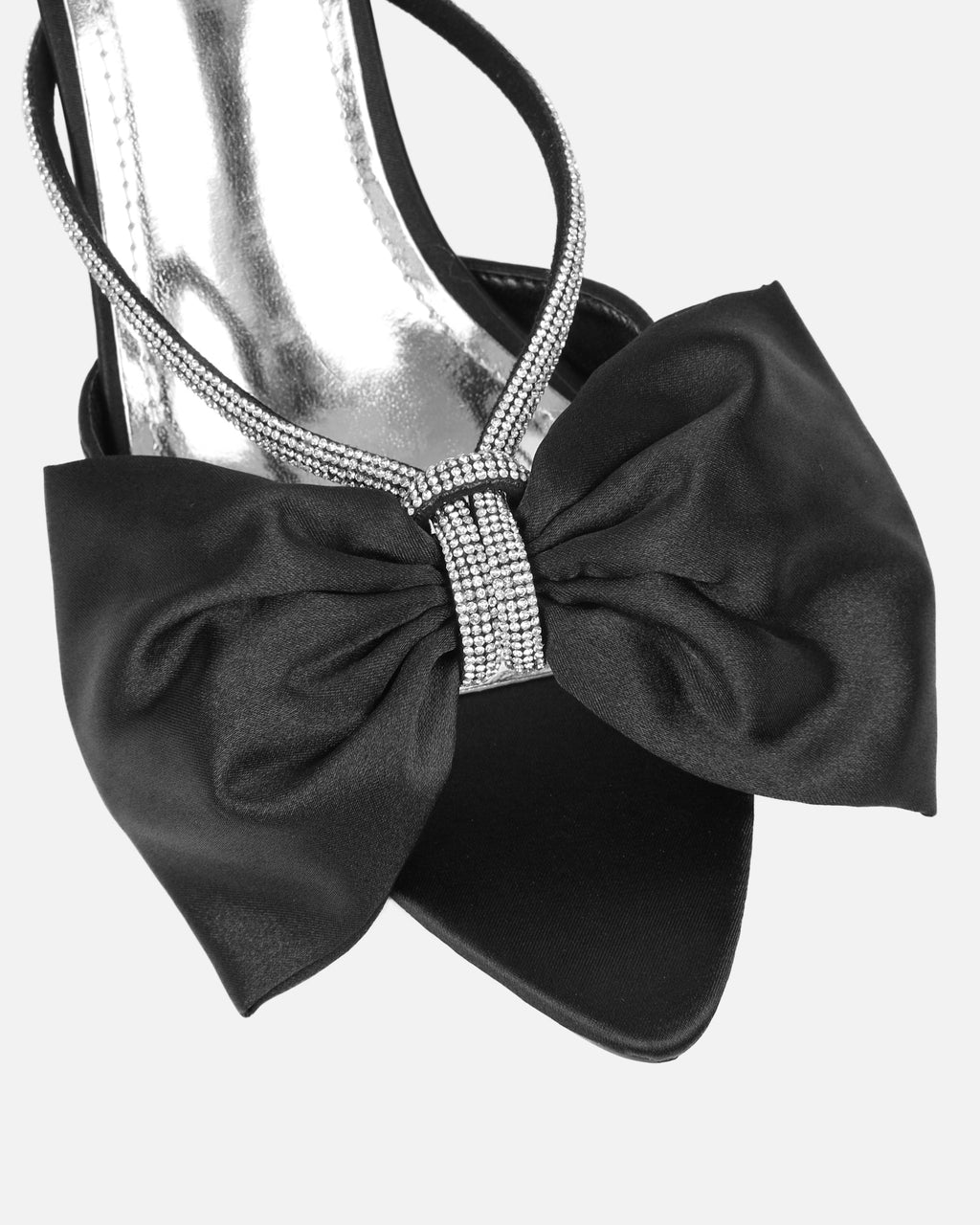 Chayaa  Black Satin Diamante Bow Low Heeled Sandals