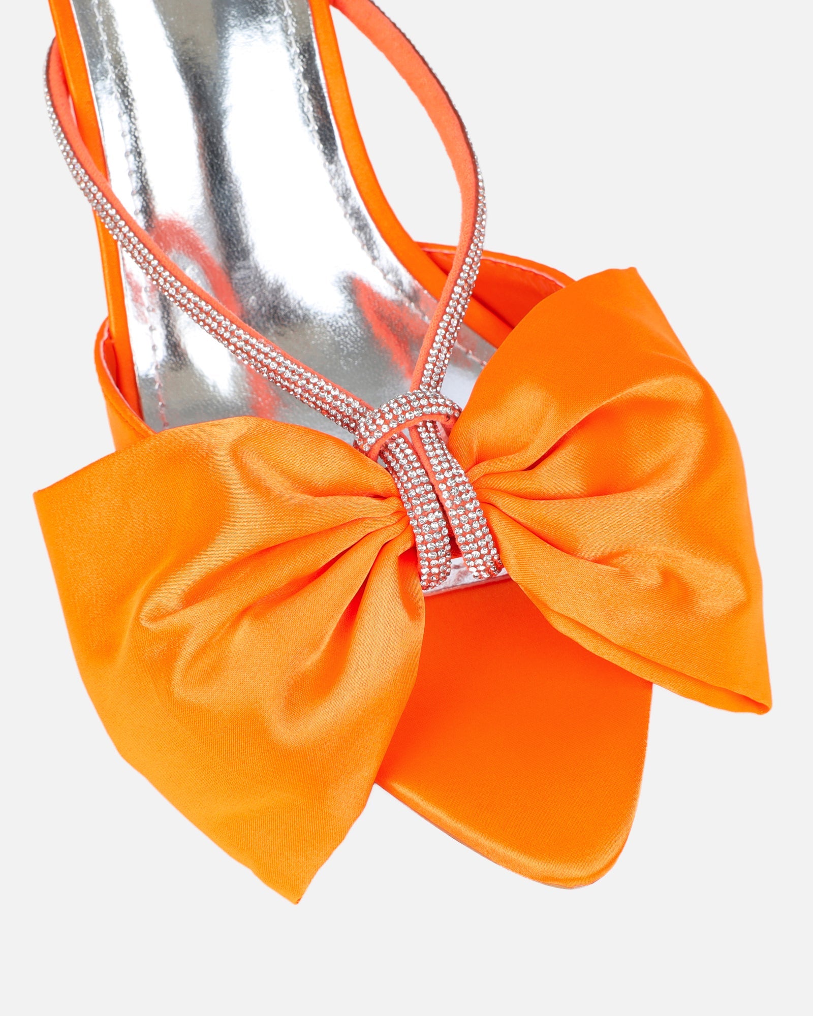 Chayaa Orange Satin Diamante Bow Low Heeled Sandals