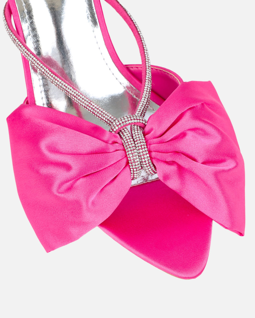 Chayaa Pink Satin Diamante Bow Low Heeled Sandals